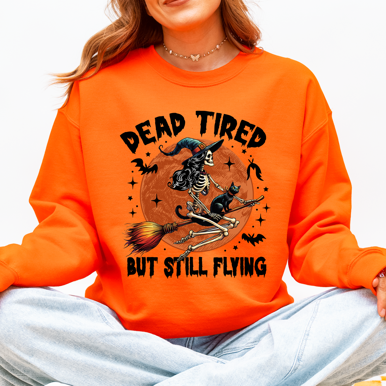 Dead Tired But Still Flying Halloween Witch Motif With Spooky Moonlit Night And Cozy Vibes Sweatshirt