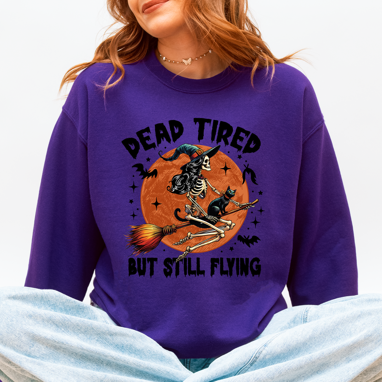 Dead Tired But Still Flying Halloween Witch Motif With Spooky Moonlit Night And Cozy Vibes Sweatshirt