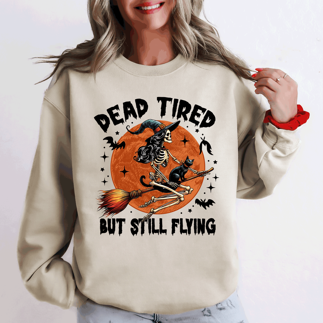 Dead Tired But Still Flying Halloween Witch Motif With Spooky Moonlit Night And Cozy Vibes Sweatshirt