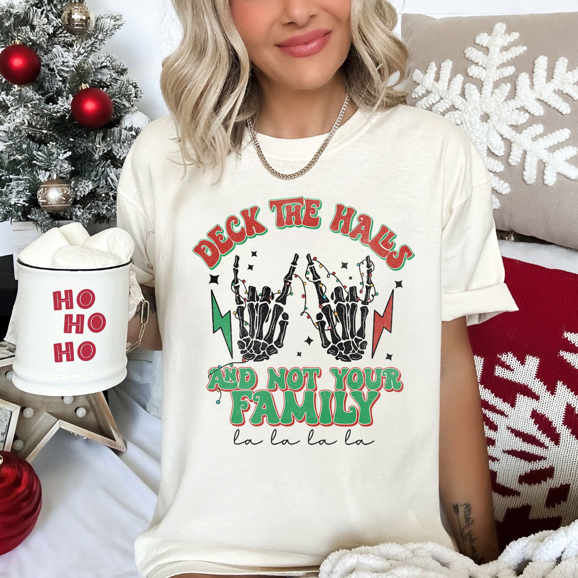 Deck The Halls And Not Your Family Fa La La Retro Christmas Skeleton Rock Comfort Colors Tee