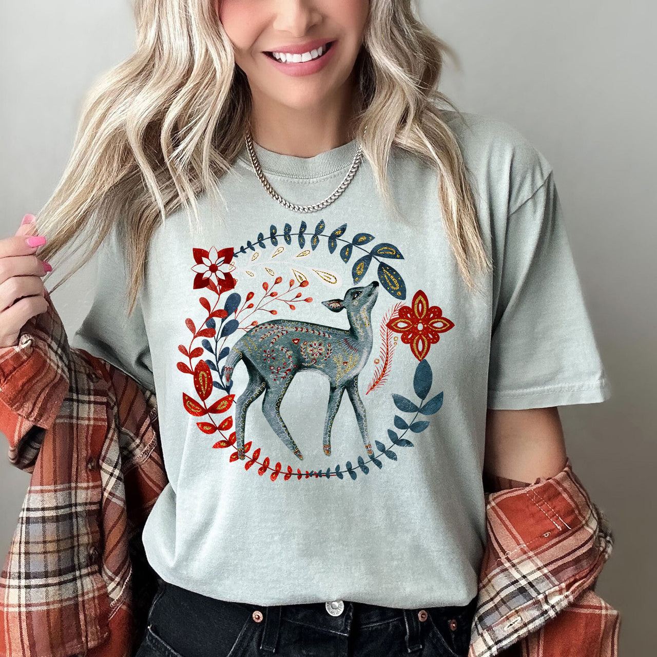 Deer Folk Art Scandinavian Winter Christmas Holiday Cozy Rustic Comfort Colors Tee