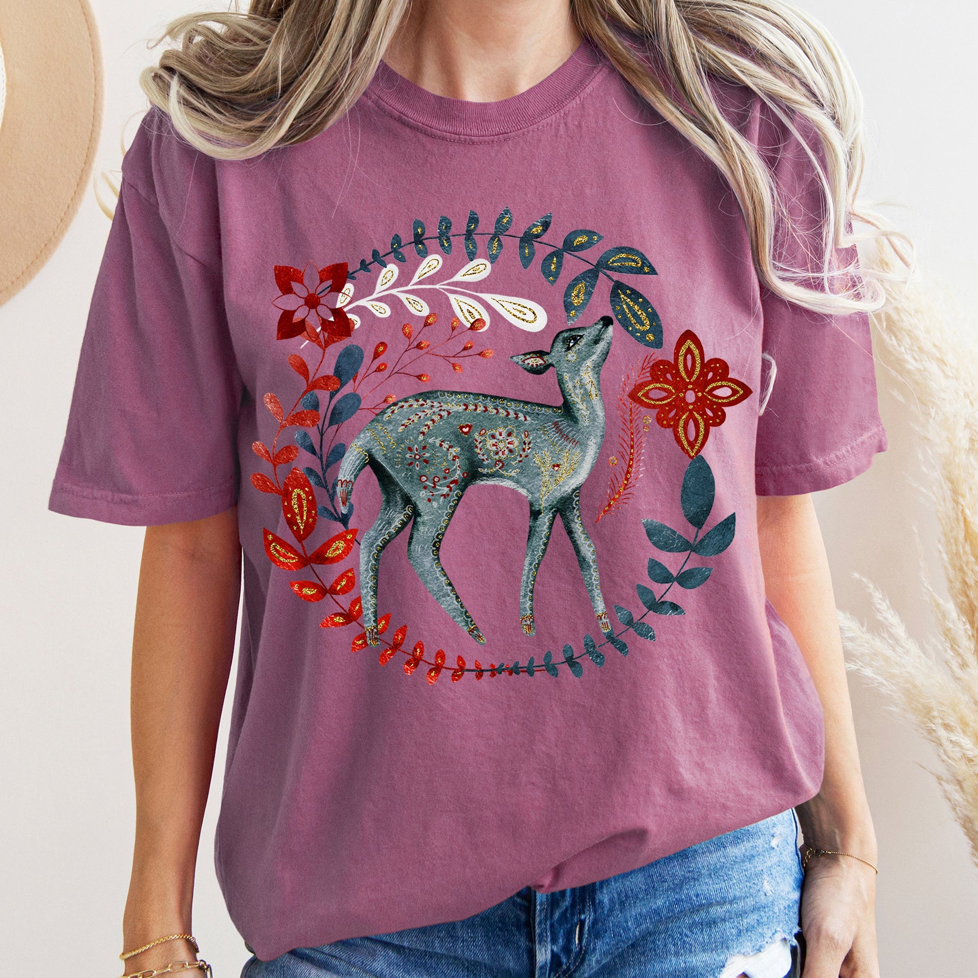 Deer Folk Art Scandinavian Winter Christmas Holiday Cozy Rustic Comfort Colors Tee