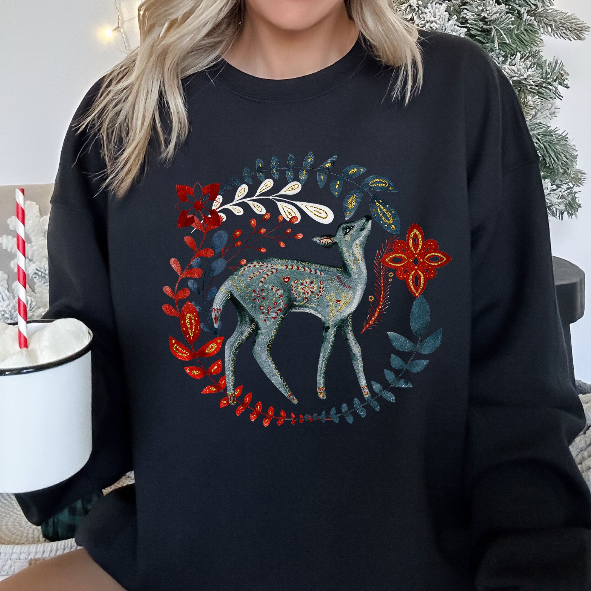 Deer Folk Art Scandinavian Christmas Scene With Nordic Winter Motifs And Rustic Charm Sweatshirt