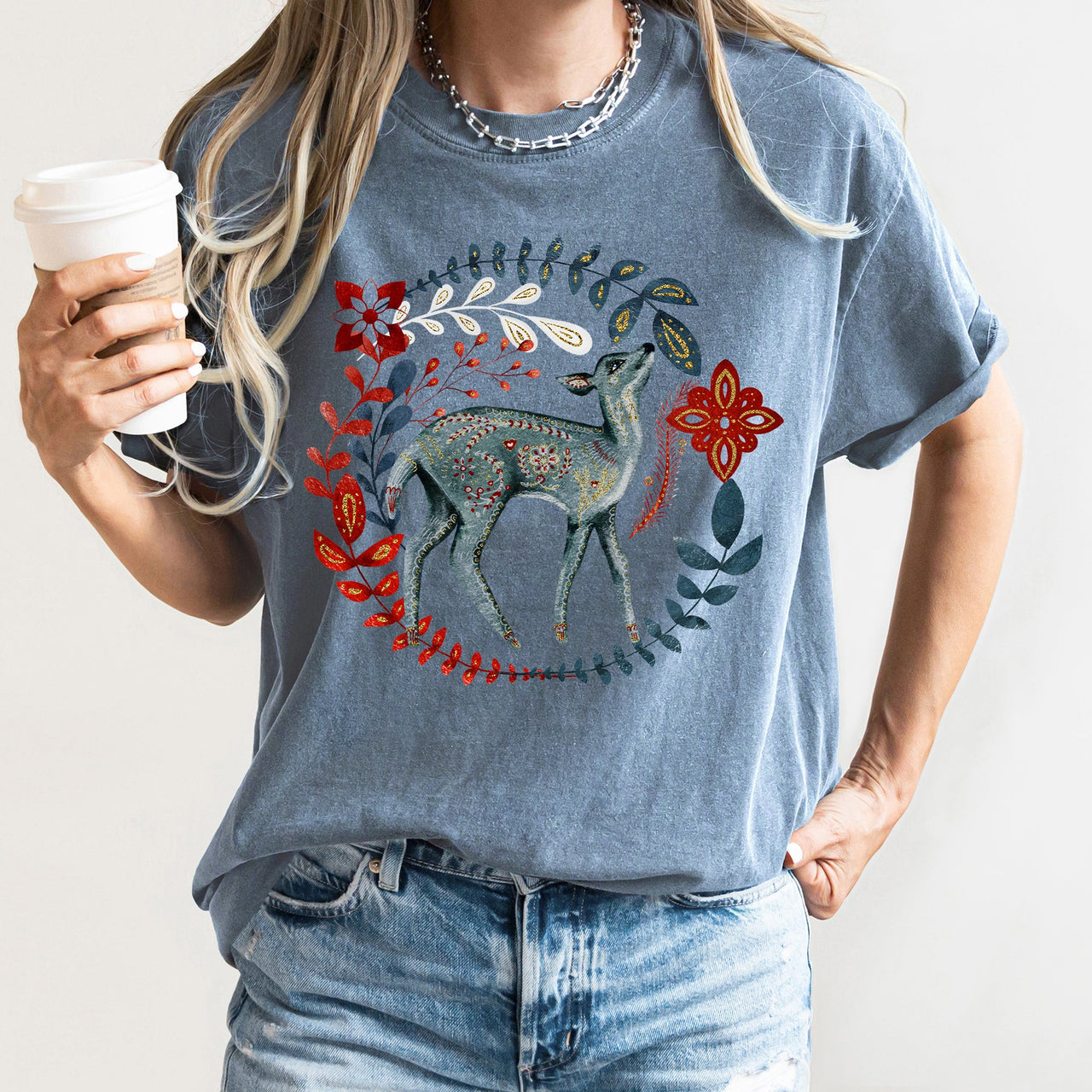 Deer Folk Art Scandinavian Winter Christmas Holiday Cozy Rustic Comfort Colors Tee