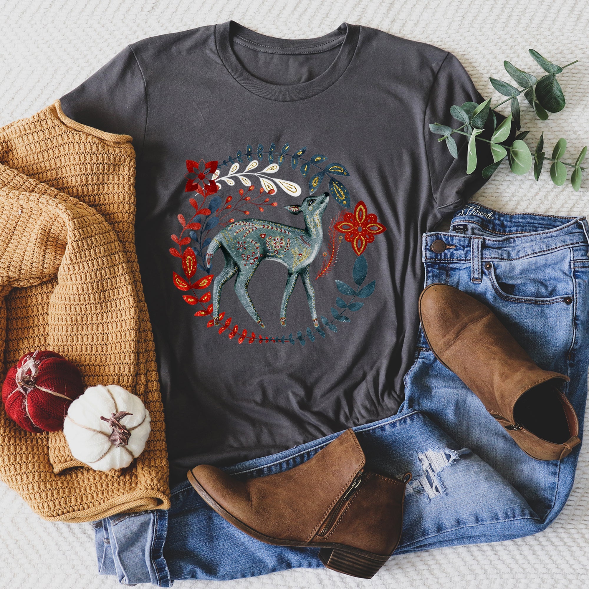 Deer Folk Art Scandinavian Winter Christmas Scene Hand Drawn Illustration Graphic Tee