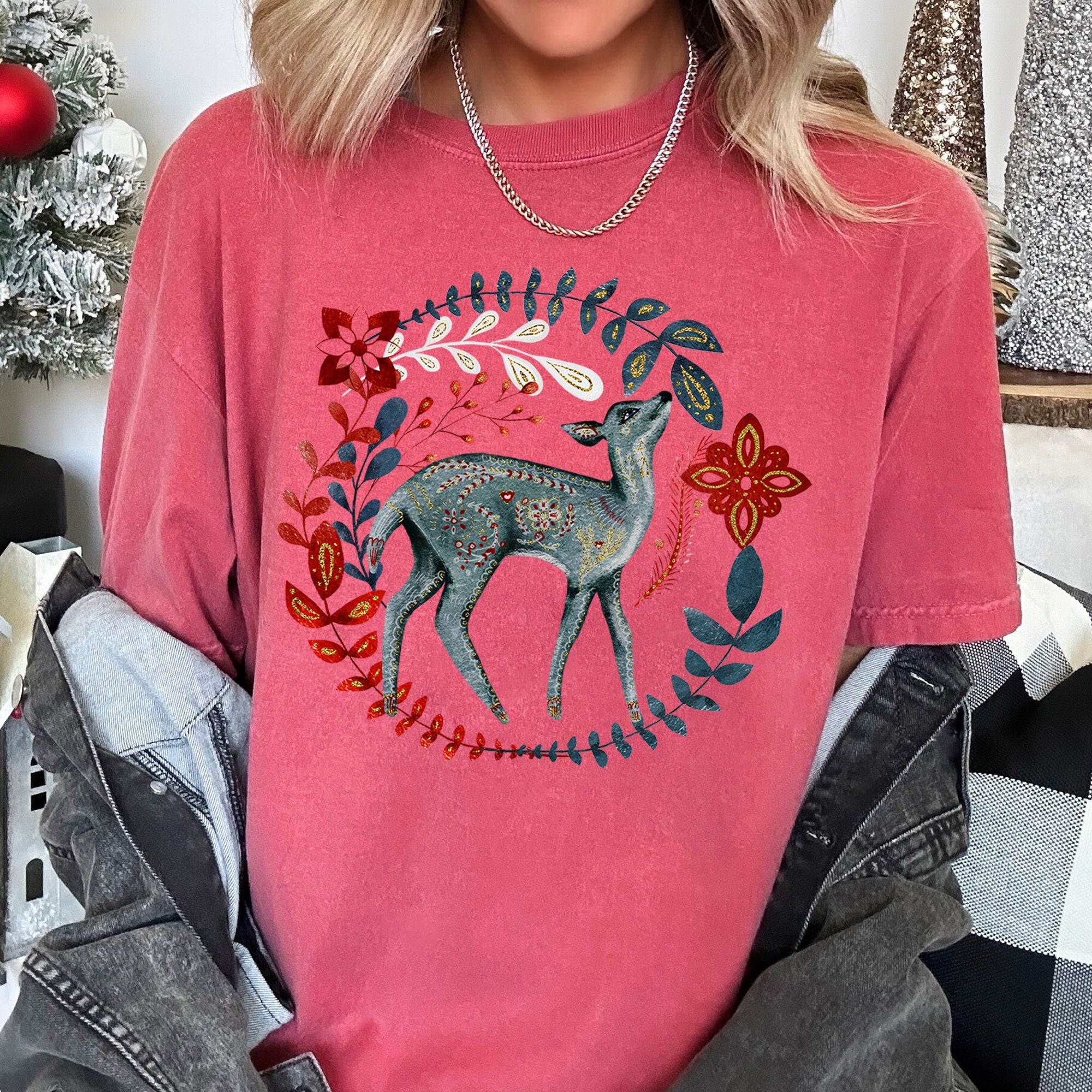 Deer Folk Art Scandinavian Winter Christmas Holiday Cozy Rustic Comfort Colors Tee