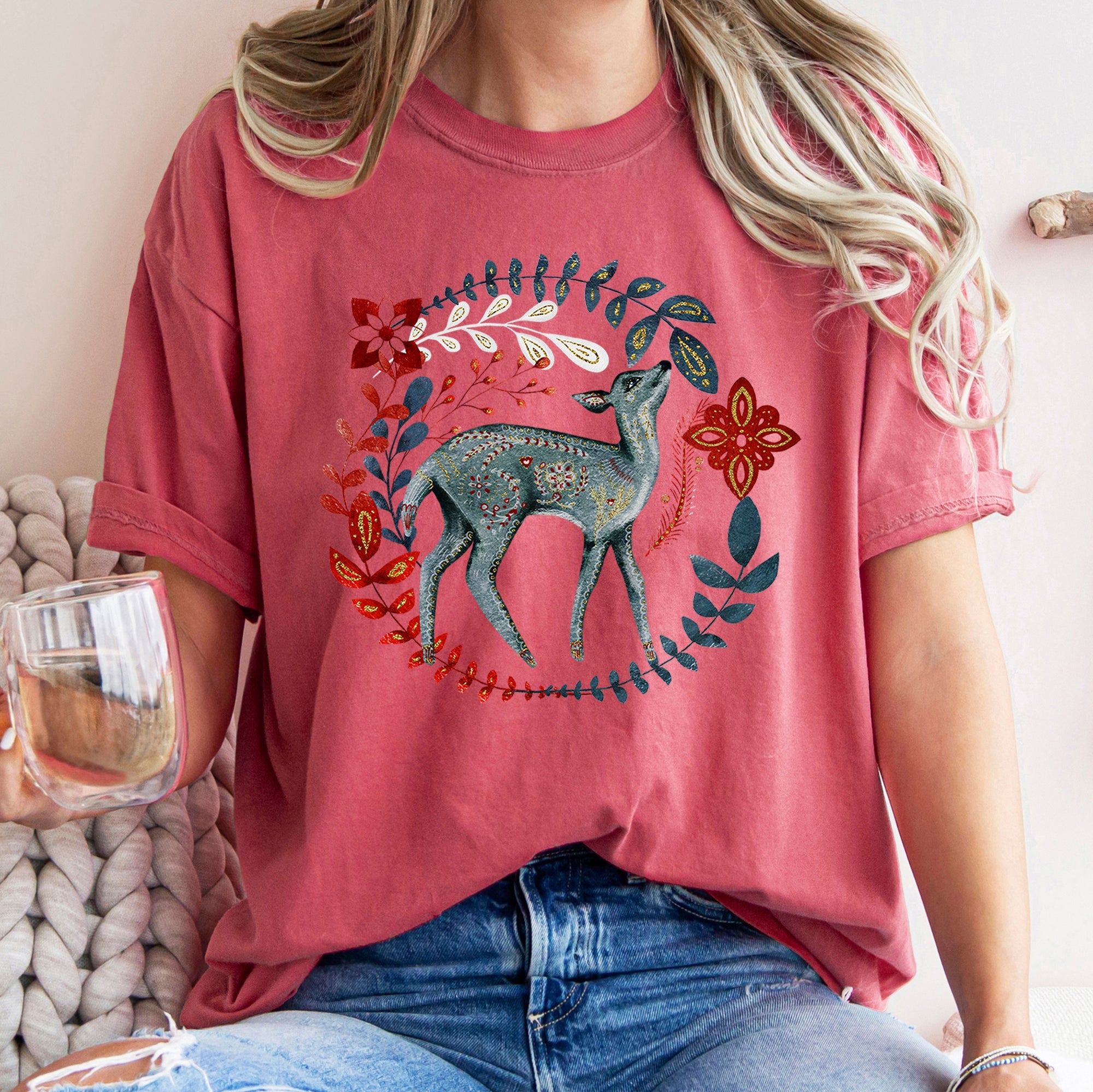 Deer Folk Art Scandinavian Winter Christmas Holiday Cozy Rustic Comfort Colors Tee