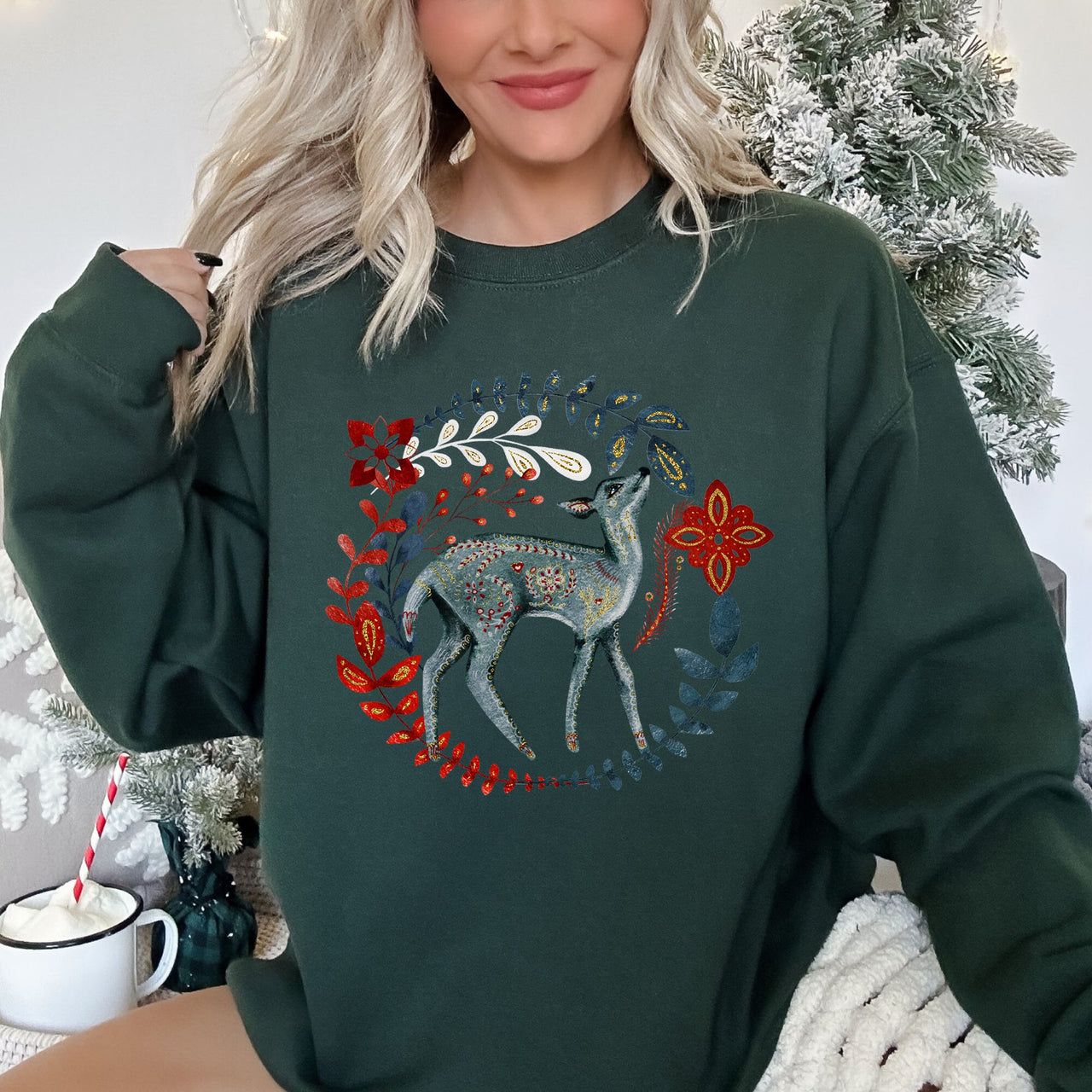 Deer Folk Art Scandinavian Christmas Scene With Nordic Winter Motifs And Rustic Charm Sweatshirt