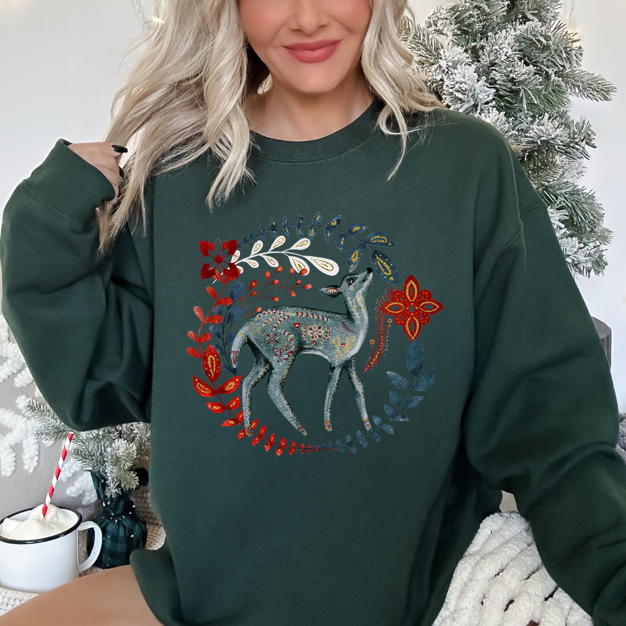 Deer Folk Art Scandinavian Christmas Scene With Nordic Winter Motifs And Rustic Charm Sweatshirt