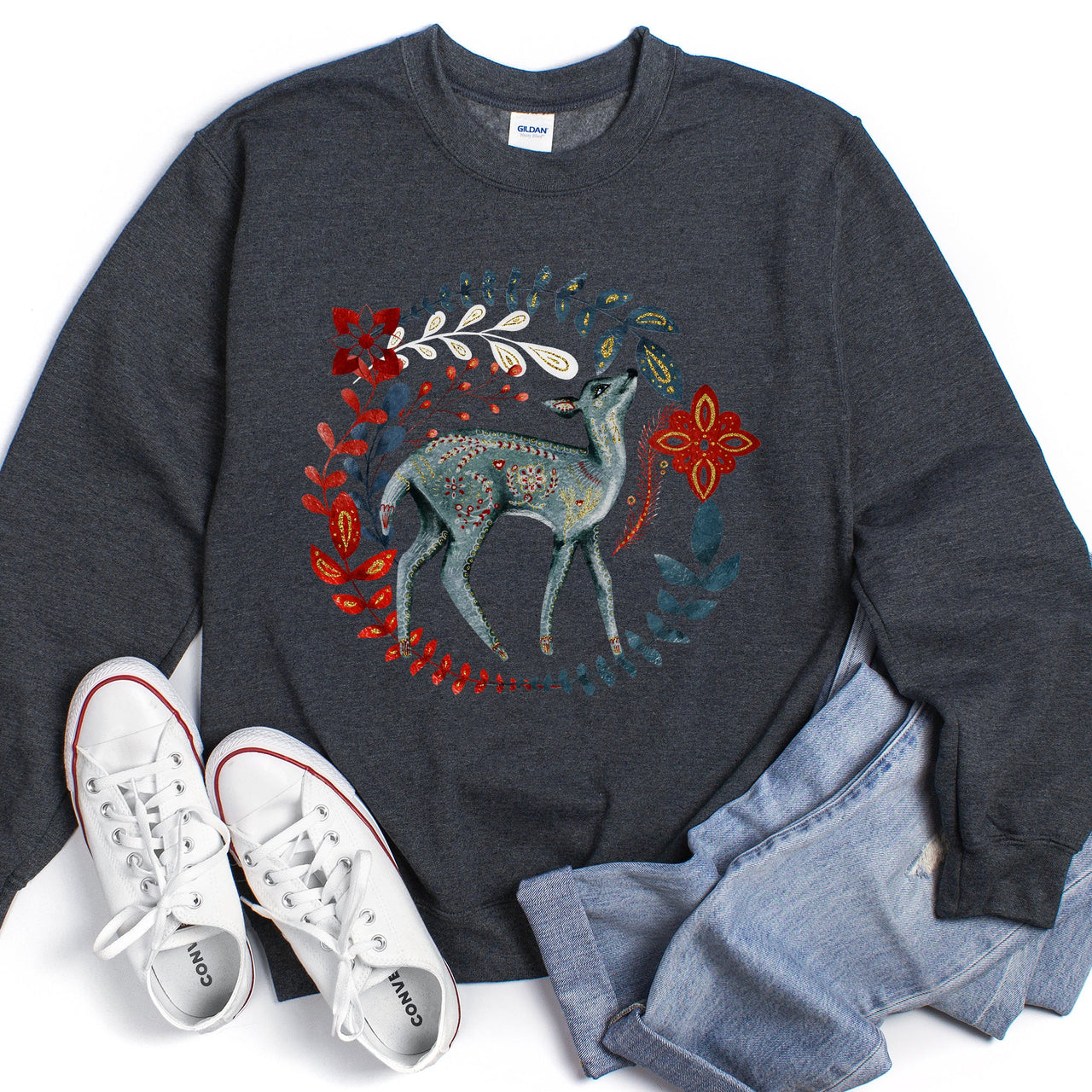 Deer Folk Art Scandinavian Christmas Scene With Nordic Winter Motifs And Rustic Charm Sweatshirt