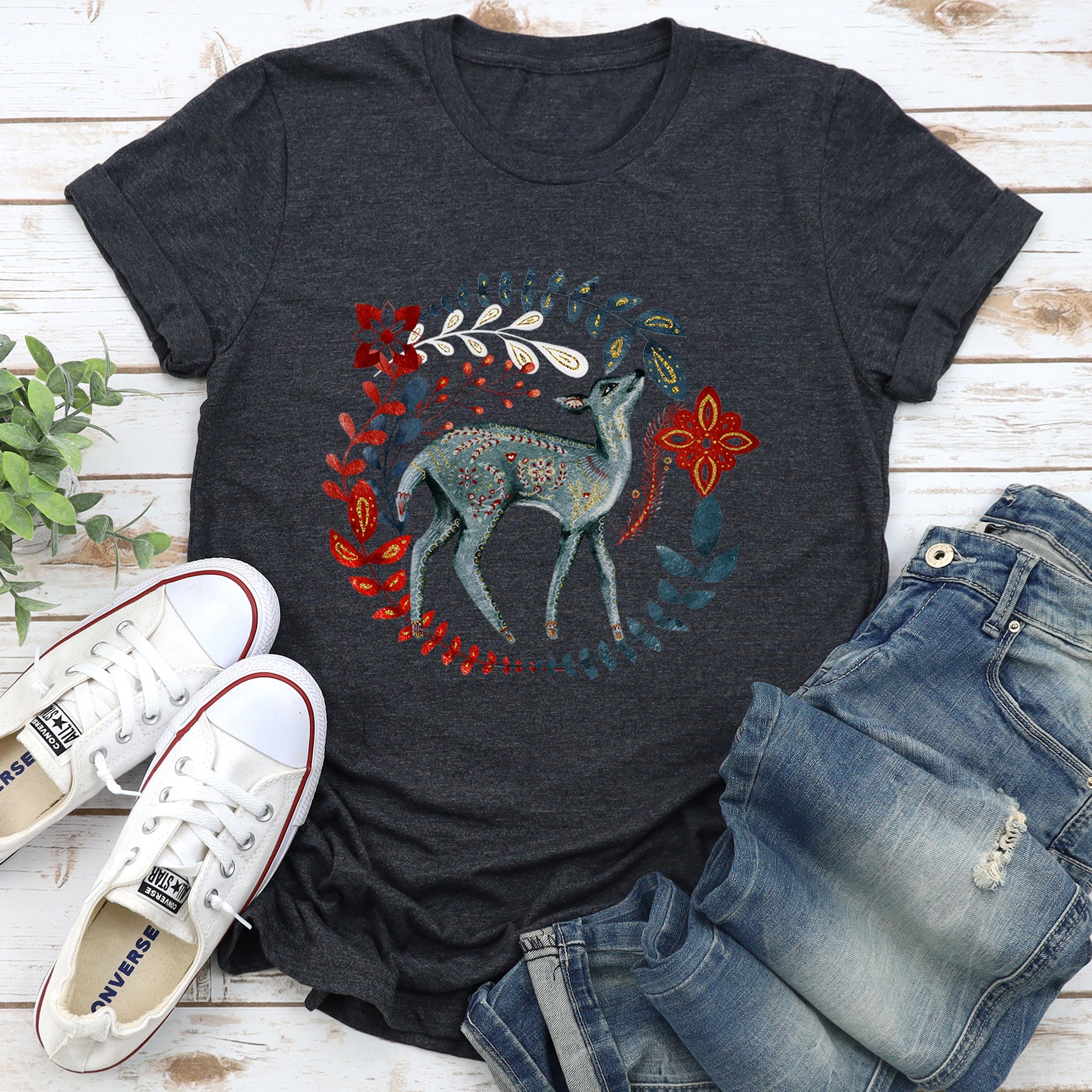 Deer Folk Art Scandinavian Winter Christmas Scene Hand Drawn Illustration Graphic Tee