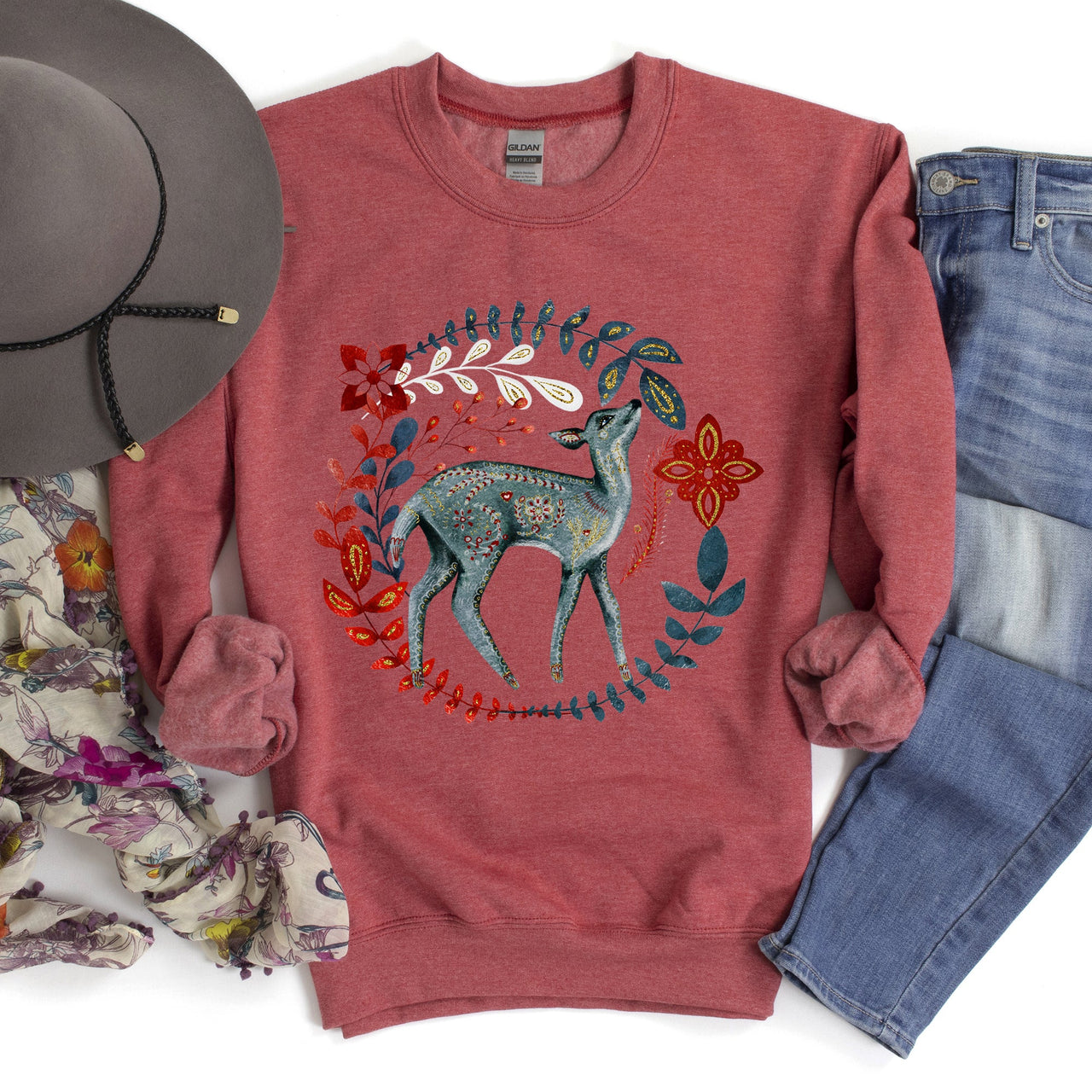 Deer Folk Art Scandinavian Christmas Scene With Nordic Winter Motifs And Rustic Charm Sweatshirt