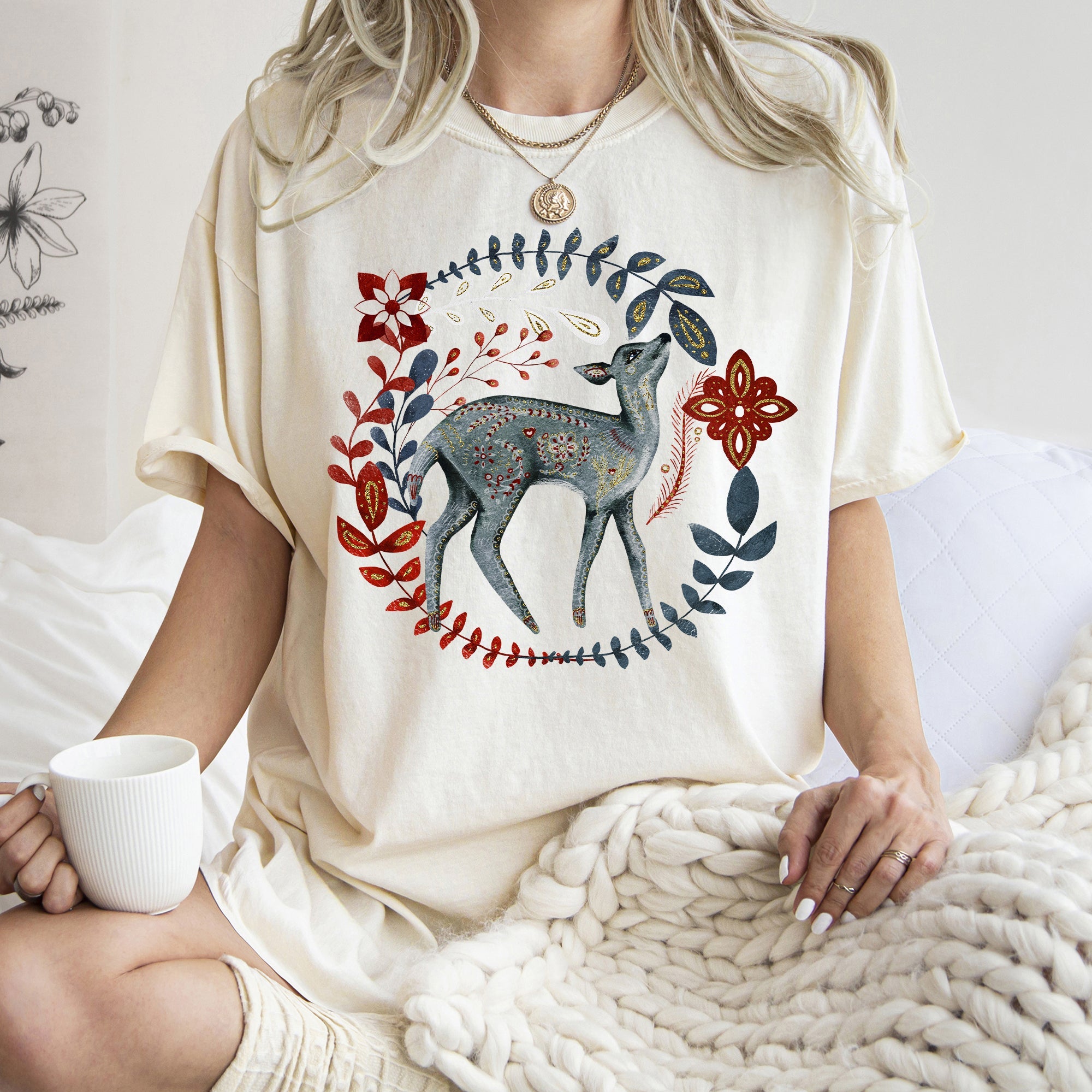 Deer Folk Art Scandinavian Winter Christmas Holiday Cozy Rustic Comfort Colors Tee