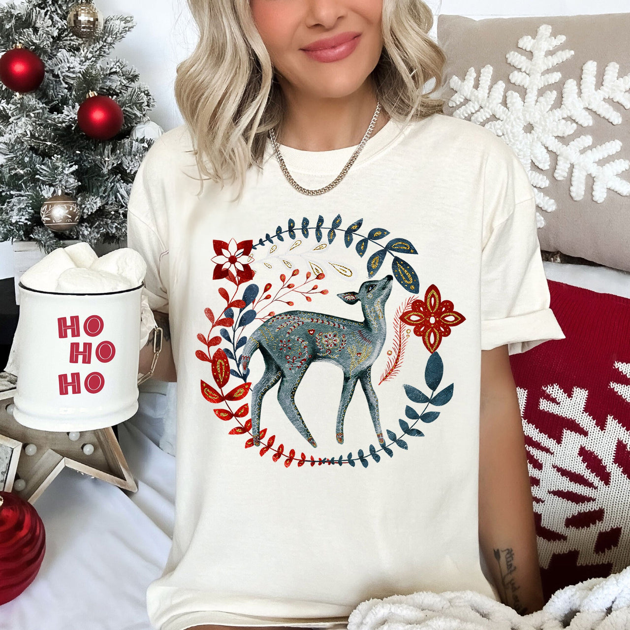 Deer Folk Art Scandinavian Winter Christmas Holiday Cozy Rustic Comfort Colors Tee