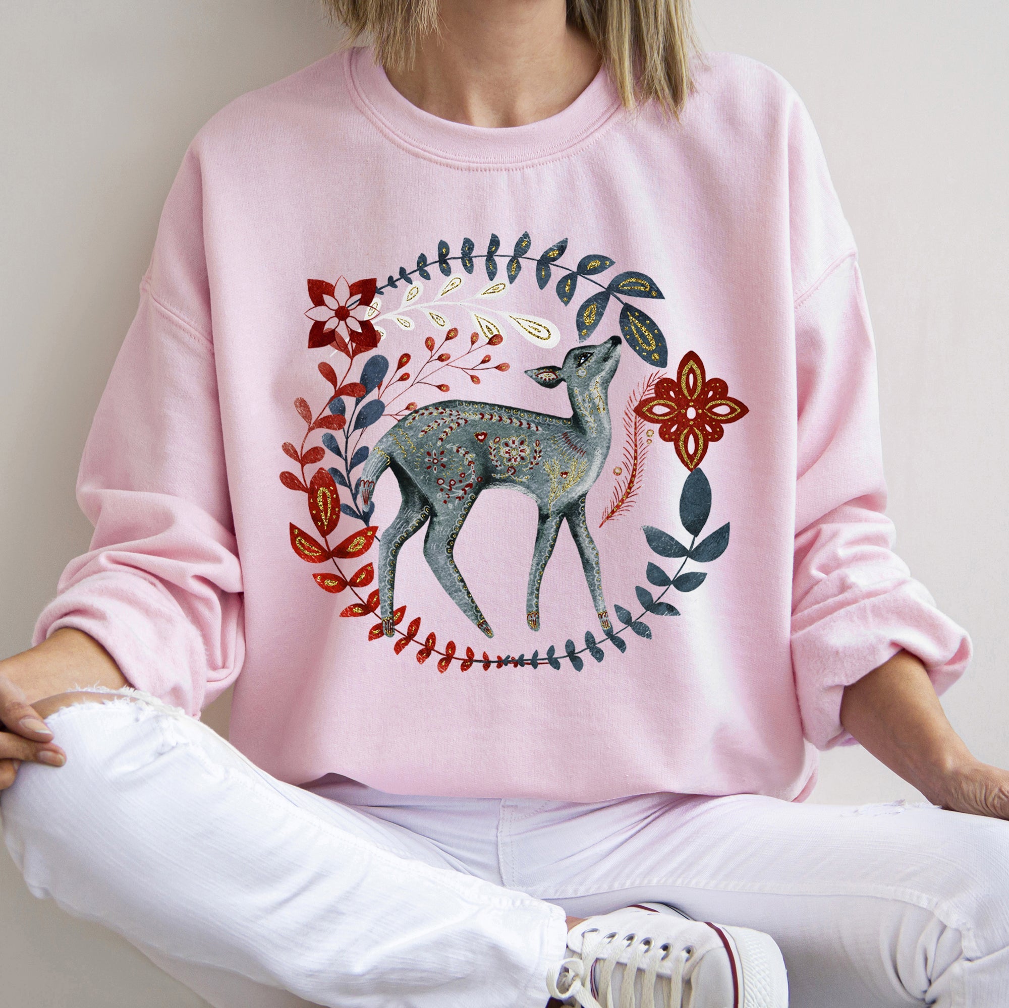 Deer Folk Art Scandinavian Christmas Scene With Nordic Winter Motifs And Rustic Charm Sweatshirt