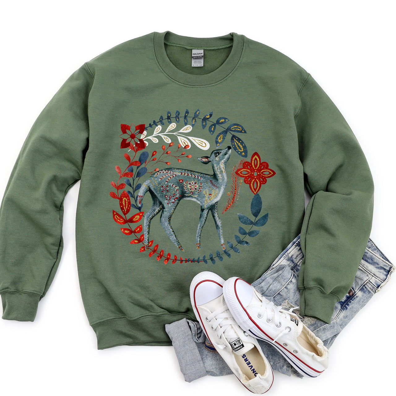 Deer Folk Art Scandinavian Christmas Scene With Nordic Winter Motifs And Rustic Charm Sweatshirt