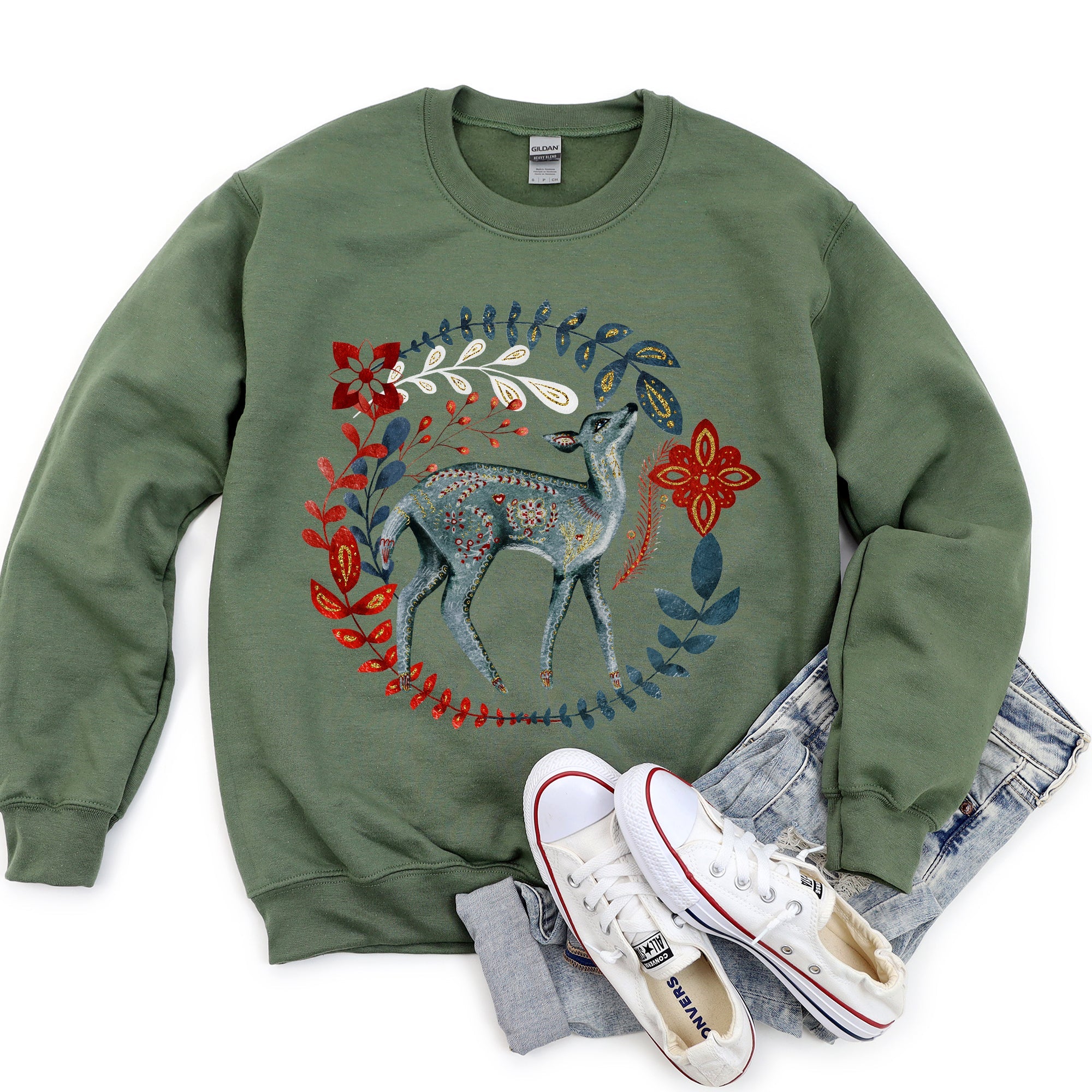 Deer Folk Art Scandinavian Christmas Scene With Nordic Winter Motifs And Rustic Charm Sweatshirt