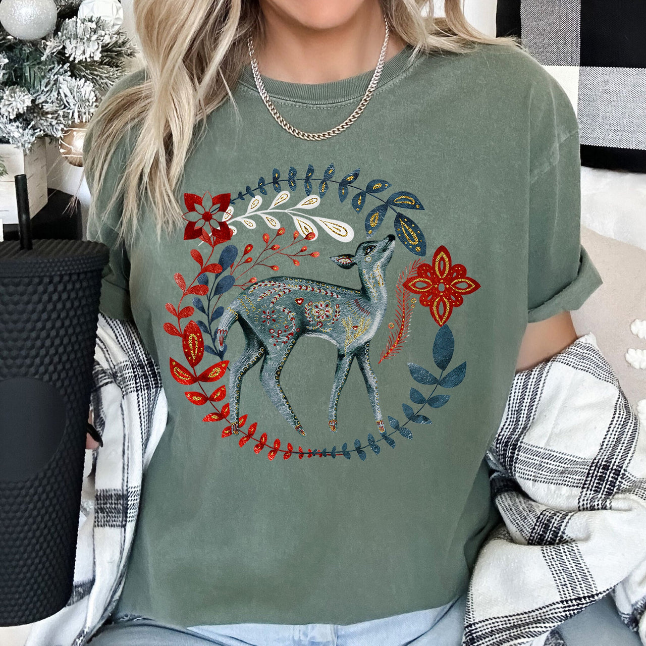 Deer Folk Art Scandinavian Winter Christmas Holiday Cozy Rustic Comfort Colors Tee