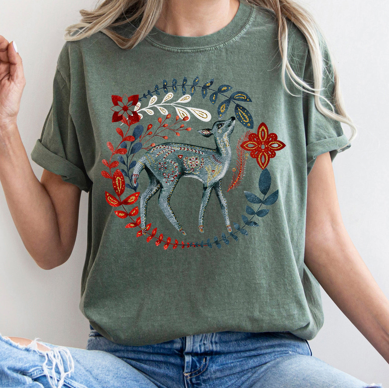 Deer Folk Art Scandinavian Winter Christmas Holiday Cozy Rustic Comfort Colors Tee