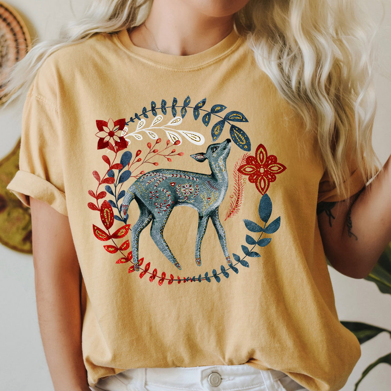 Deer Folk Art Scandinavian Winter Christmas Holiday Cozy Rustic Comfort Colors Tee