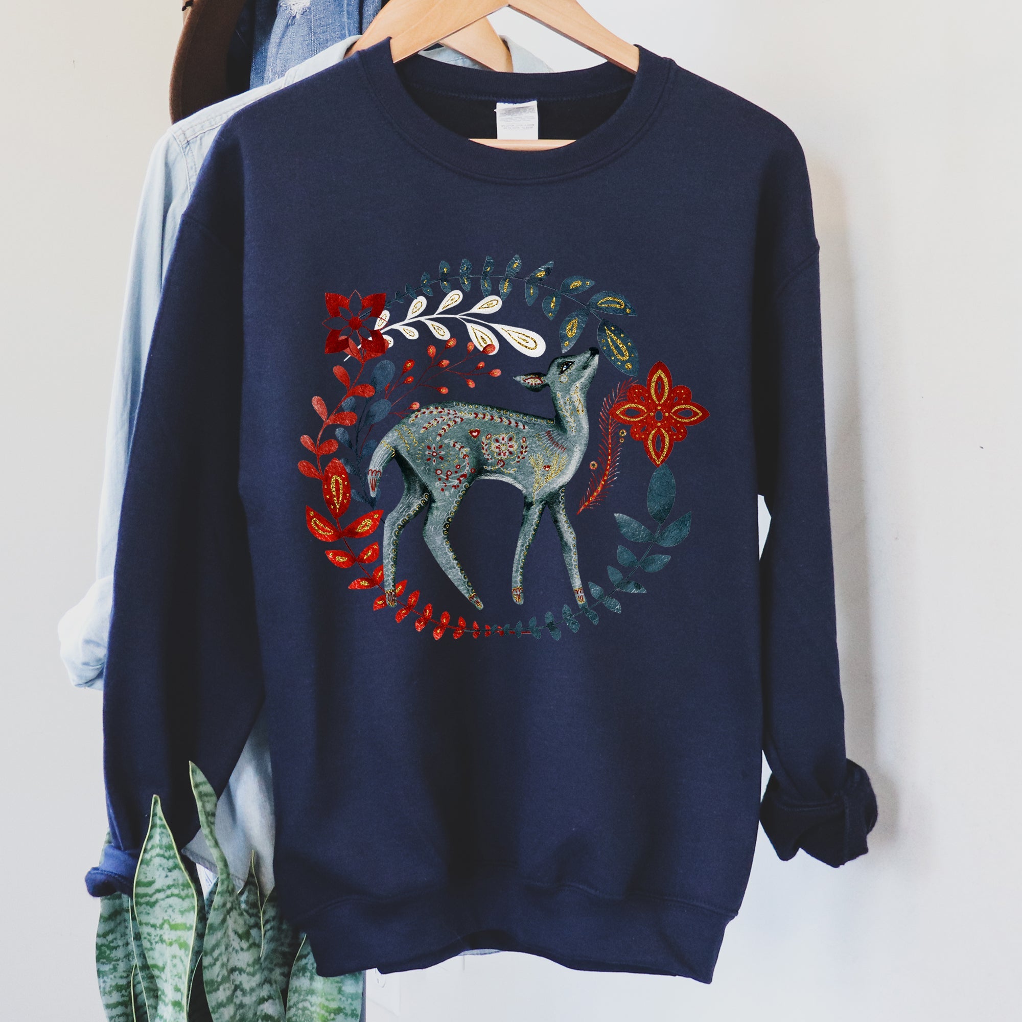 Deer Folk Art Scandinavian Christmas Scene With Nordic Winter Motifs And Rustic Charm Sweatshirt