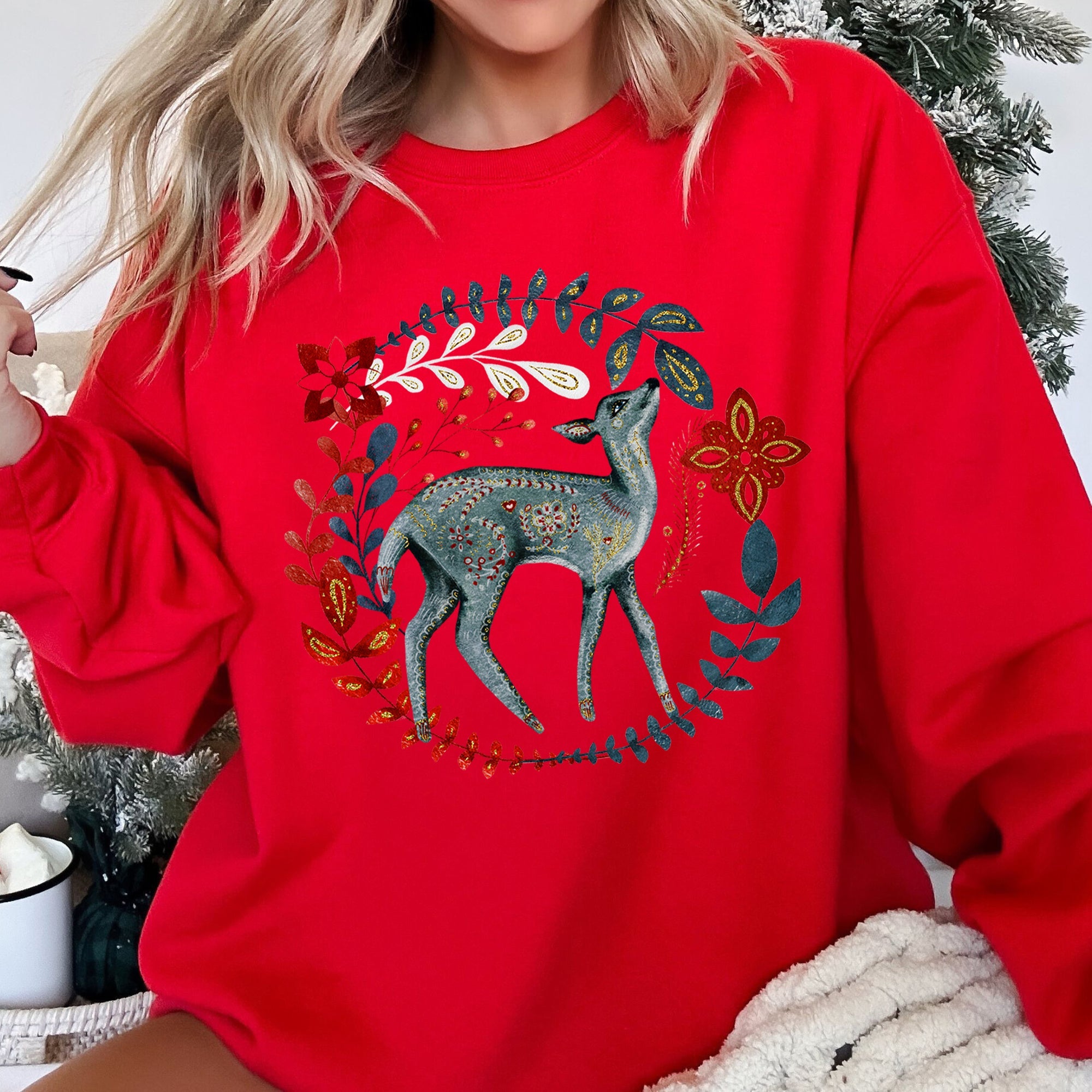 Deer Folk Art Scandinavian Christmas Scene With Nordic Winter Motifs And Rustic Charm Sweatshirt