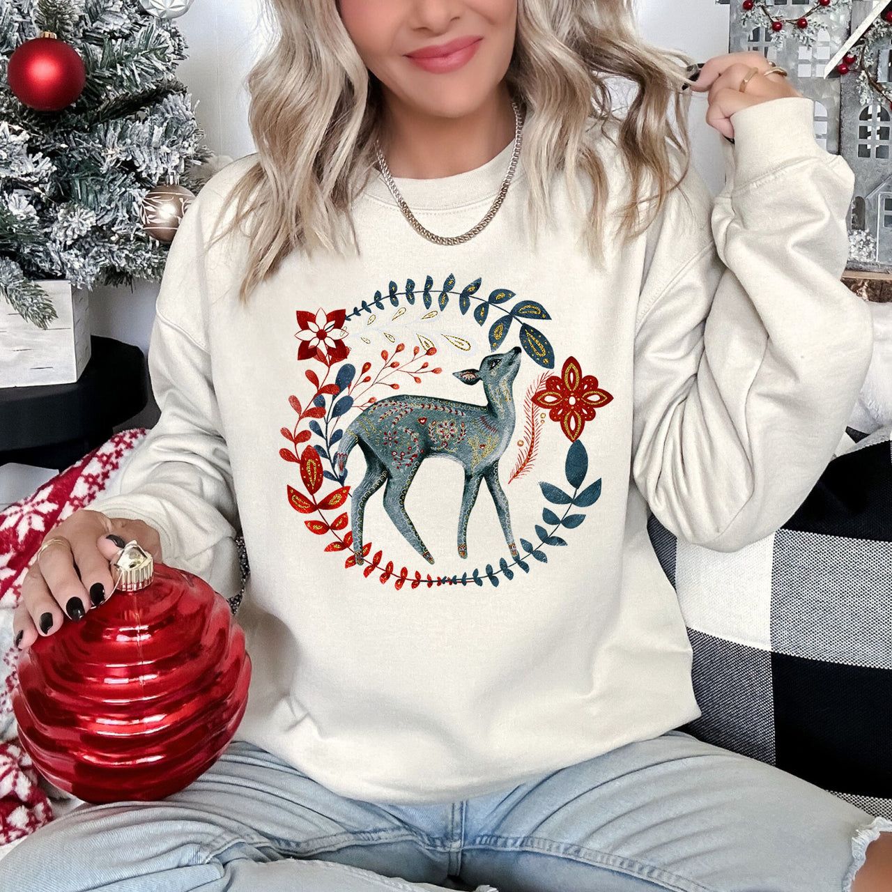 Deer Folk Art Scandinavian Christmas Scene With Nordic Winter Motifs And Rustic Charm Sweatshirt