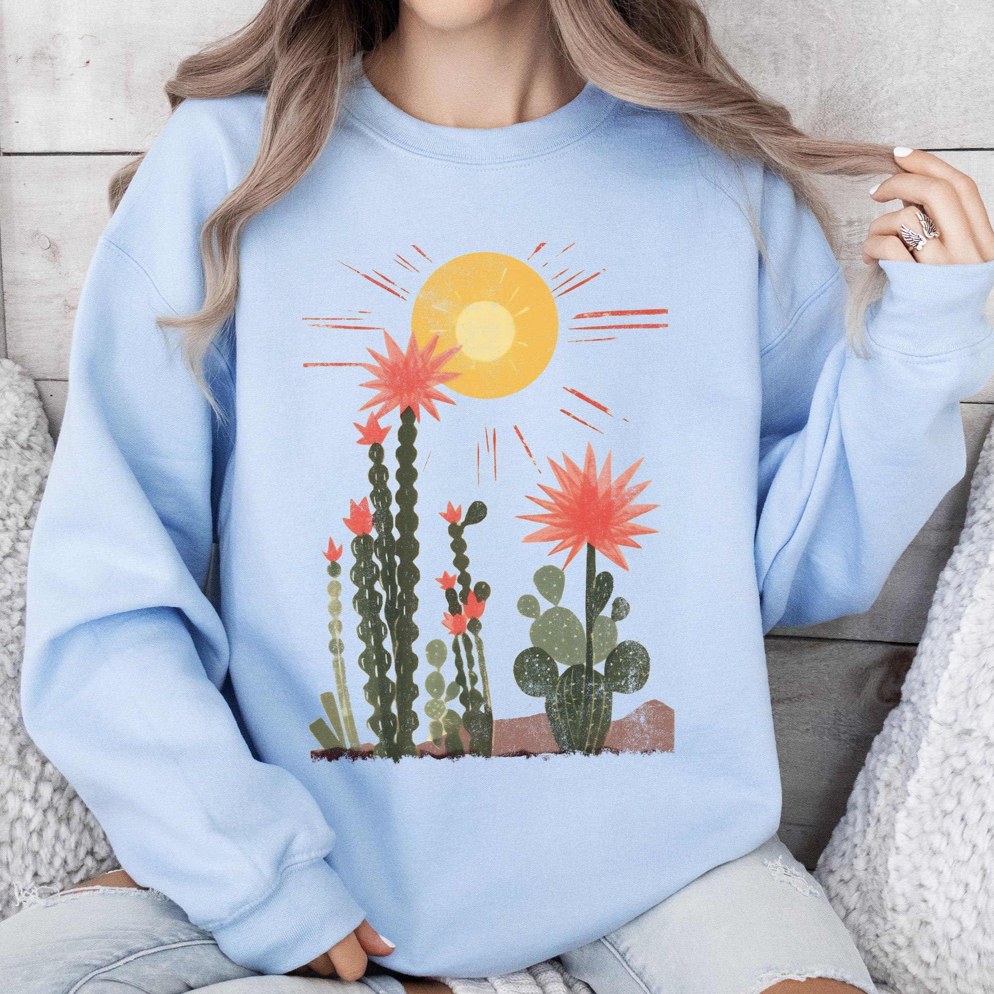 Desert Cactus Sun Succulent Western Plants Southwest Themed Outdoor Adventure Print Sweatshirt