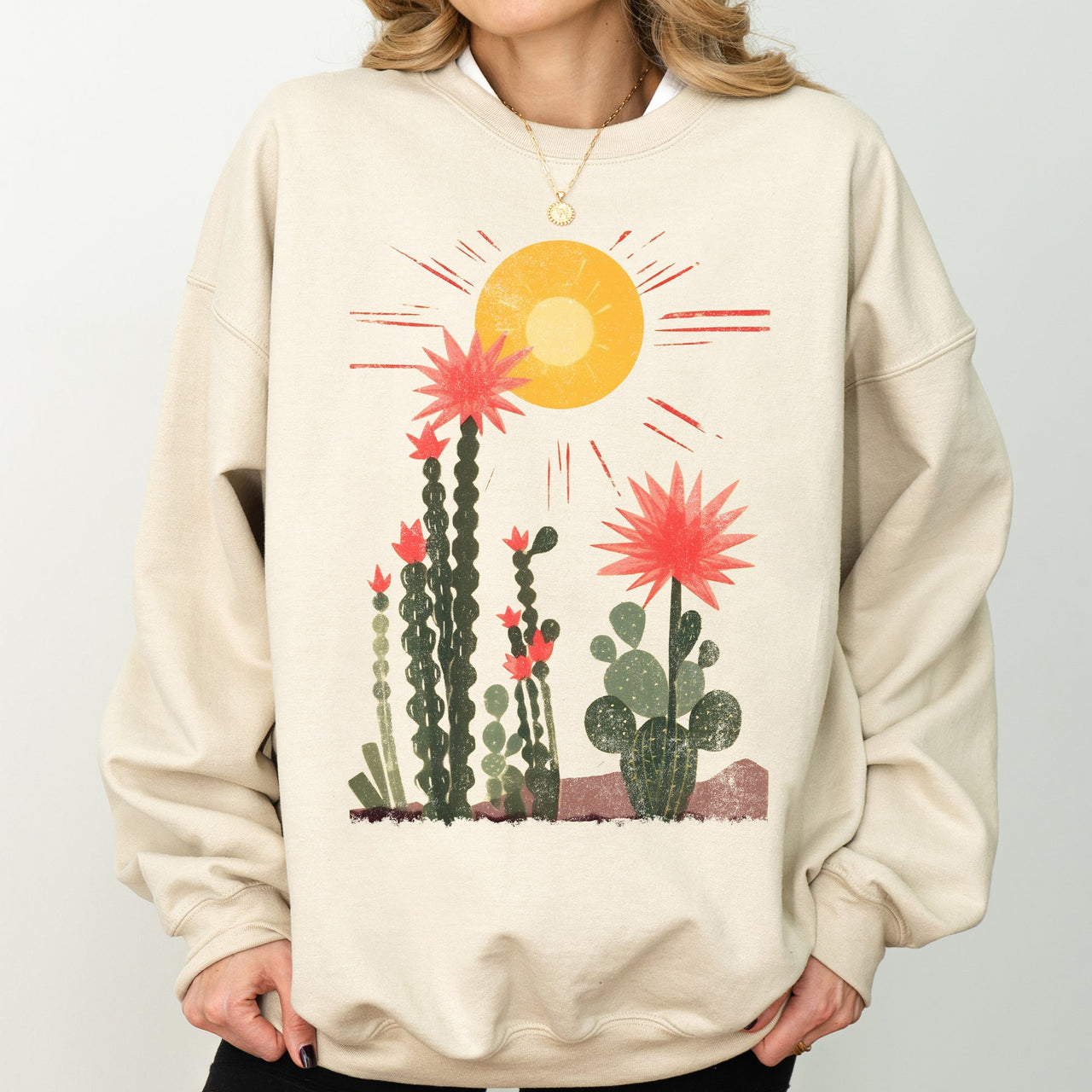 Desert Cactus Sun Succulent Western Plants Southwest Themed Outdoor Adventure Print Sweatshirt