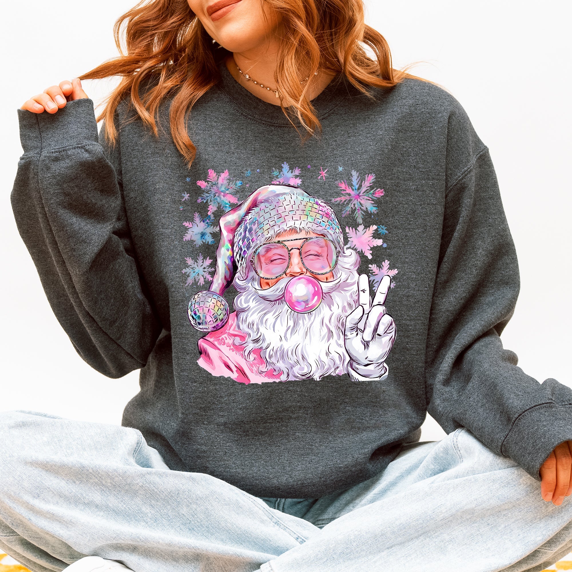 Disco Santa Bubble Gum Christmas Snowflakes Festive Candy Sparkle Graphic Sweatshirt