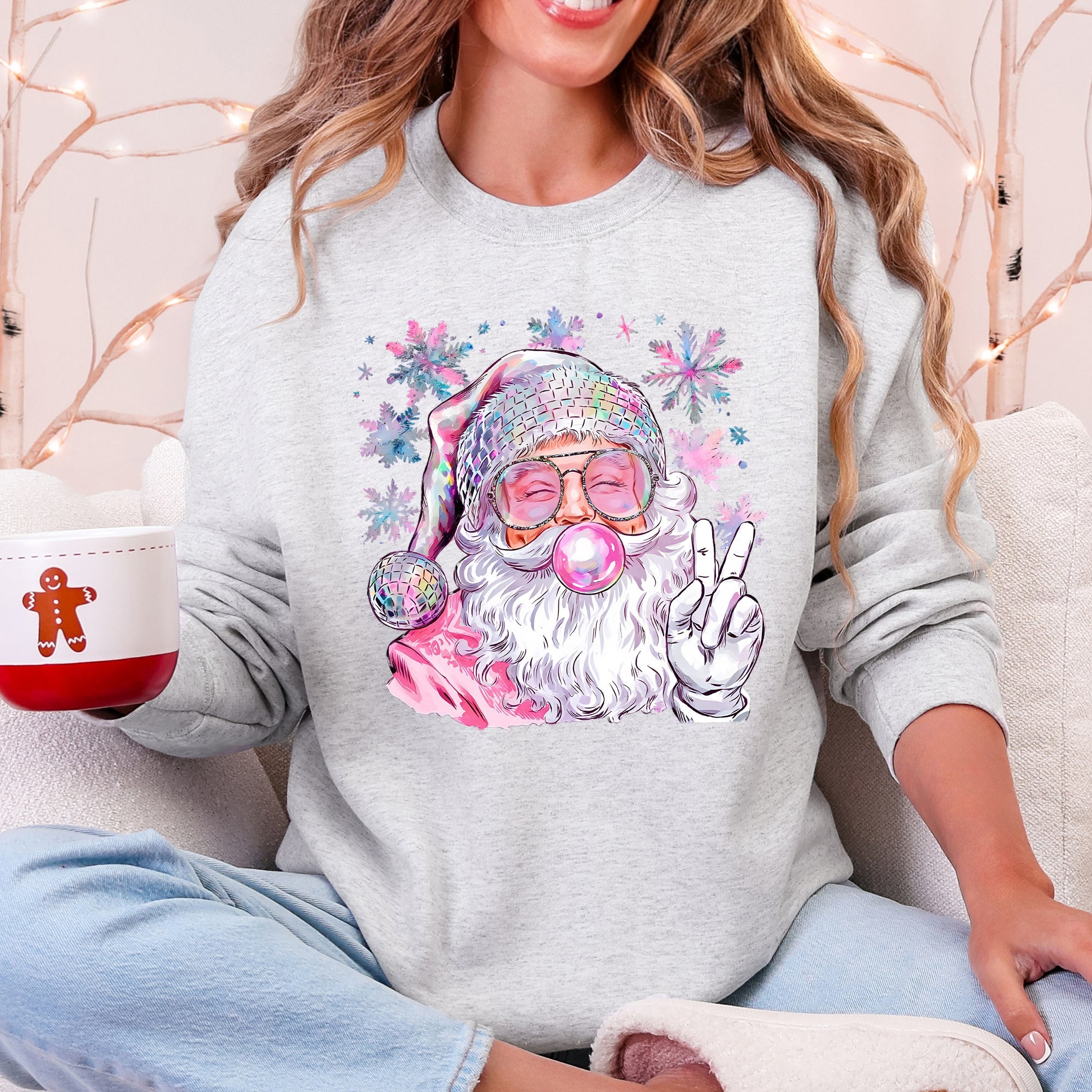 Disco Santa Bubble Gum Christmas Snowflakes Festive Candy Sparkle Graphic Sweatshirt