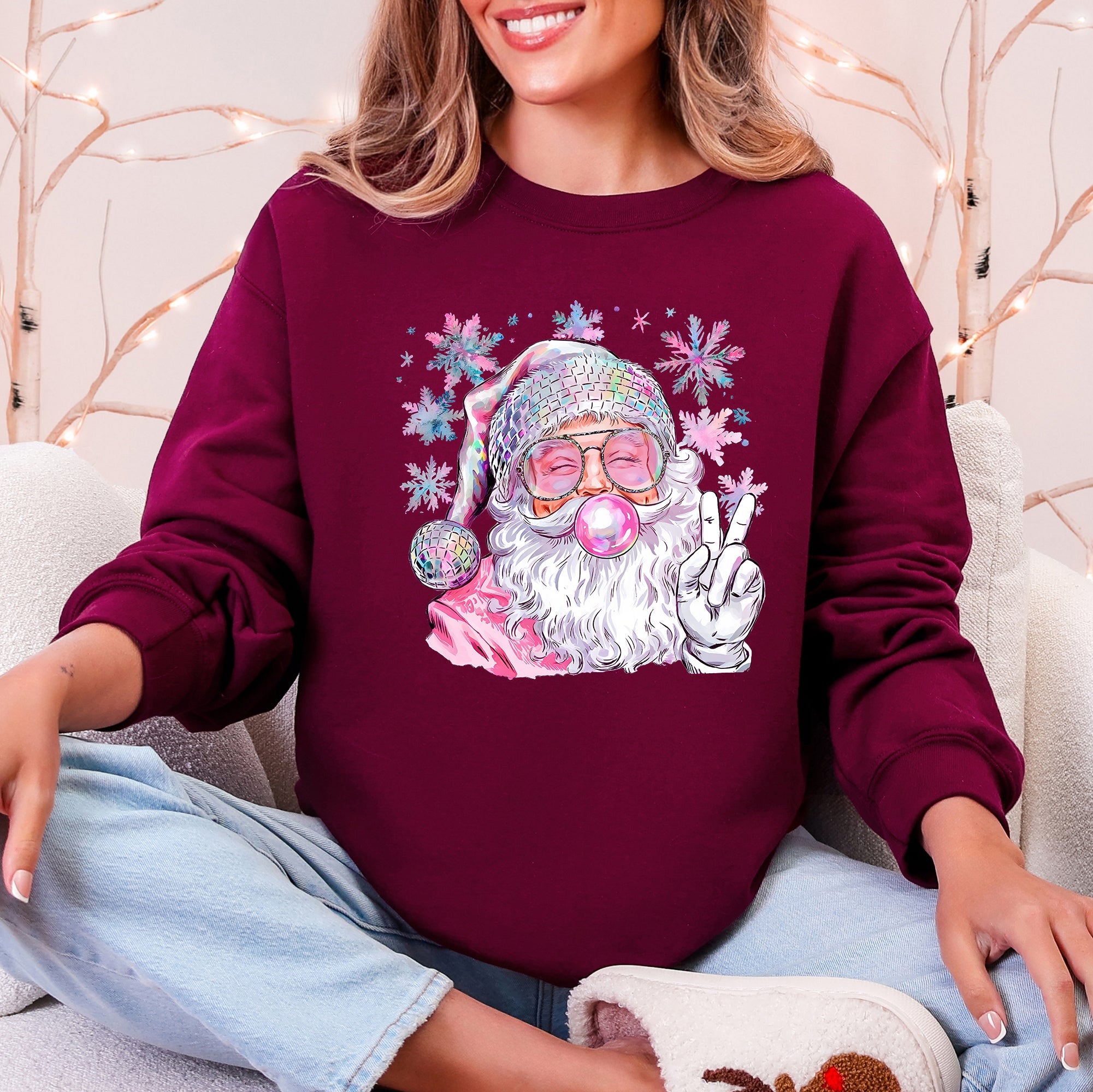 Disco Santa Bubble Gum Christmas Snowflakes Festive Candy Sparkle Graphic Sweatshirt