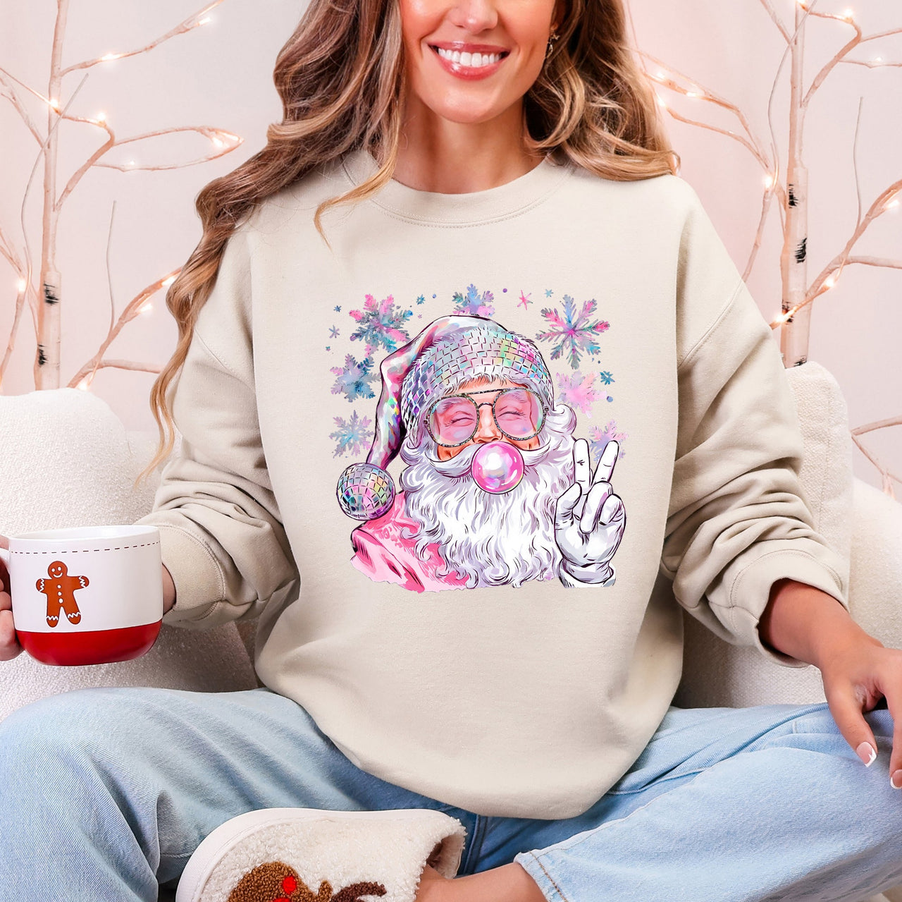 Disco Santa Bubble Gum Christmas Snowflakes Festive Candy Sparkle Graphic Sweatshirt