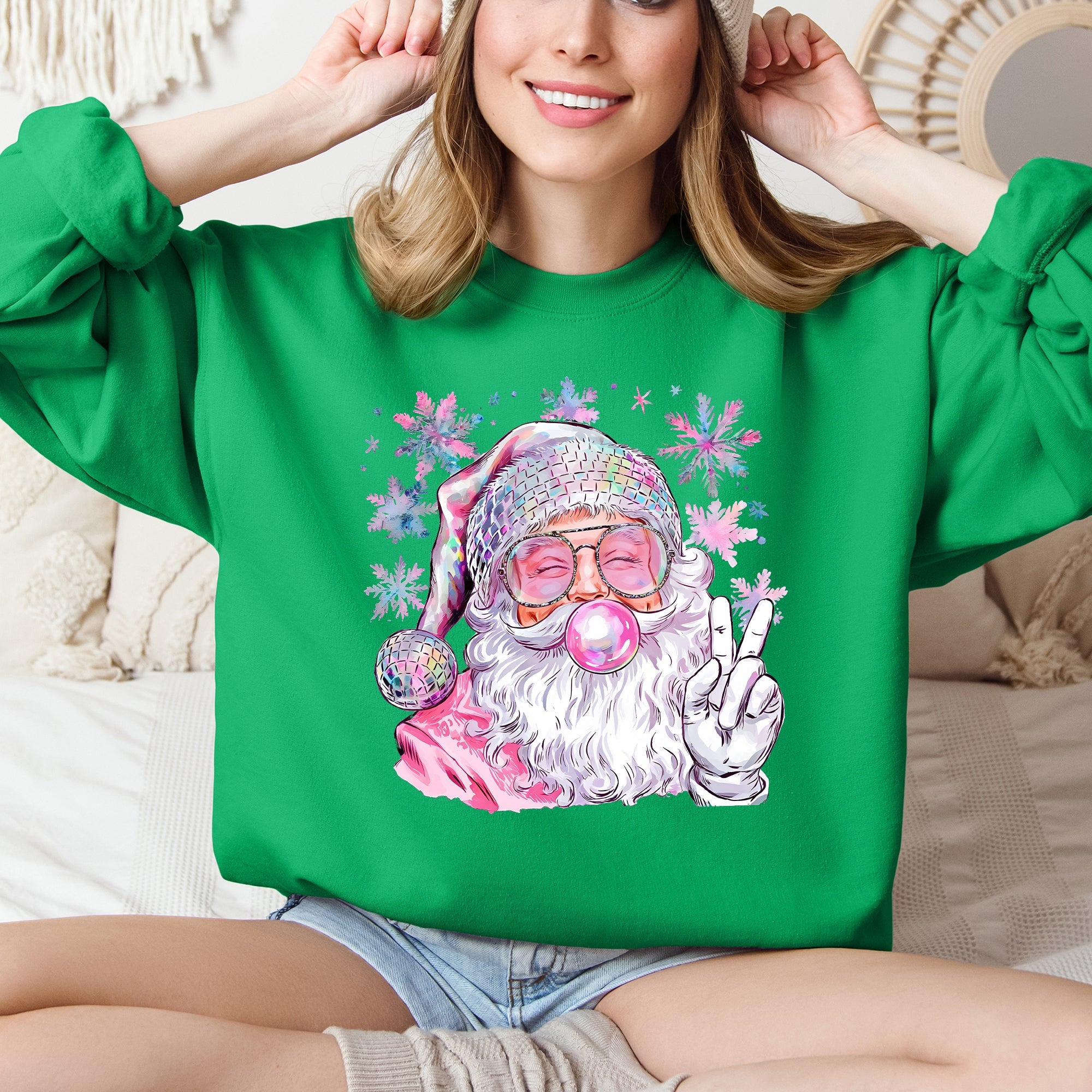 Disco Santa Bubble Gum Christmas Snowflakes Festive Candy Sparkle Graphic Sweatshirt