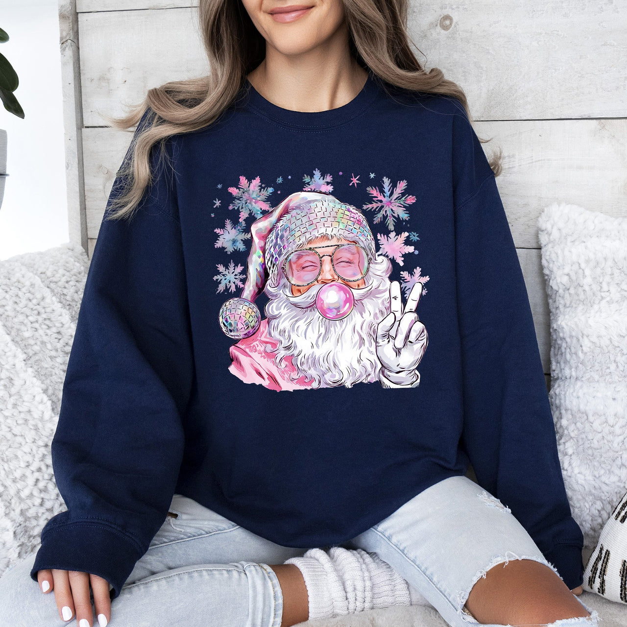 Disco Santa Bubble Gum Christmas Snowflakes Festive Candy Sparkle Graphic Sweatshirt