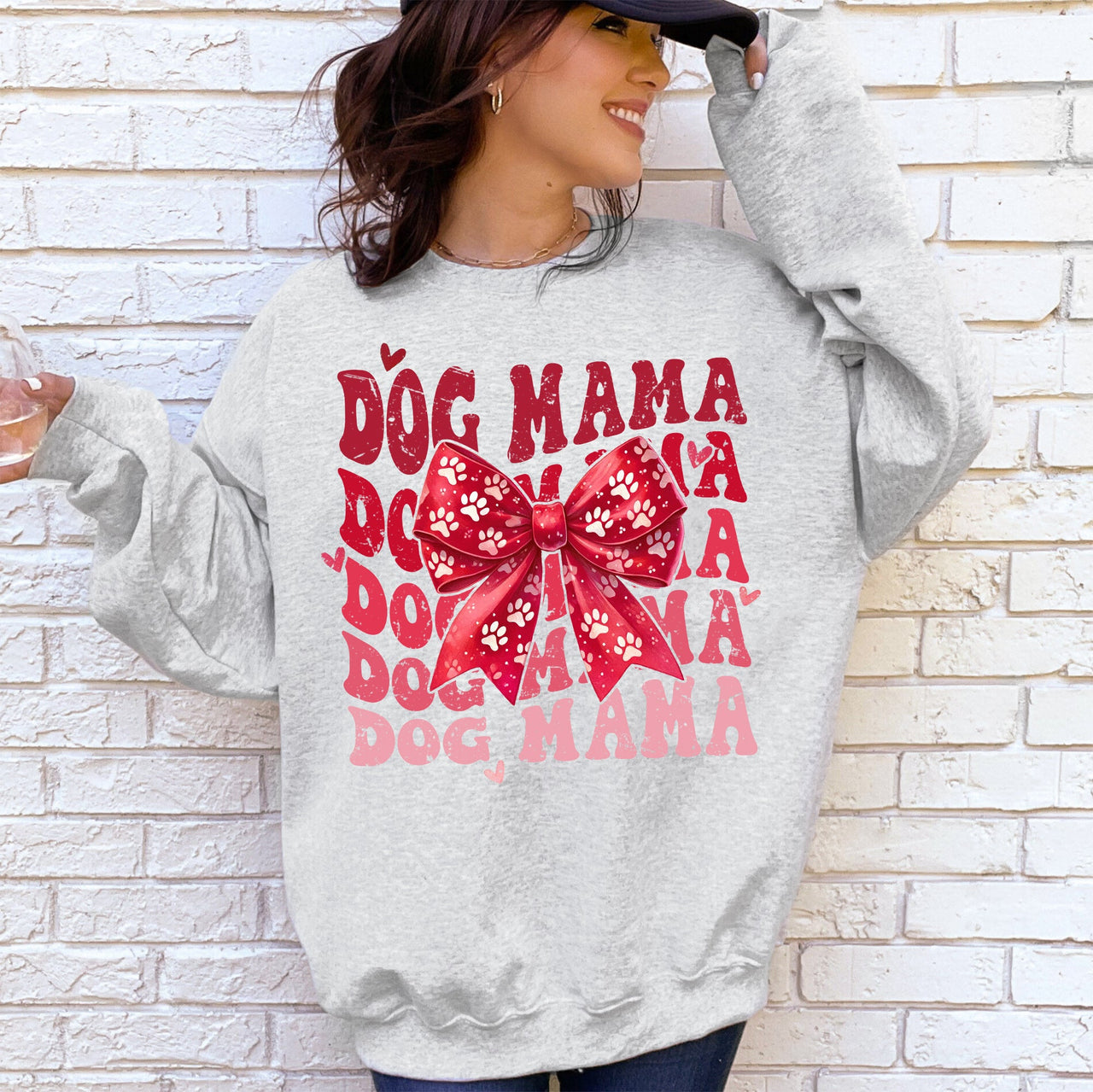 Dog Mama Ribbon Valentines Day Love Hearts Cozy Fleece Knit Warm Casual Everyday Wear Sweatshirt