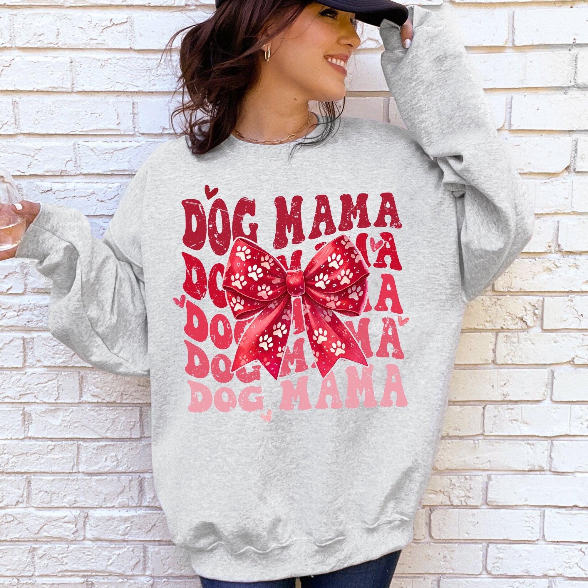 Dog Mama Ribbon Valentines Day Love Hearts Cozy Fleece Knit Warm Casual Everyday Wear Sweatshirt