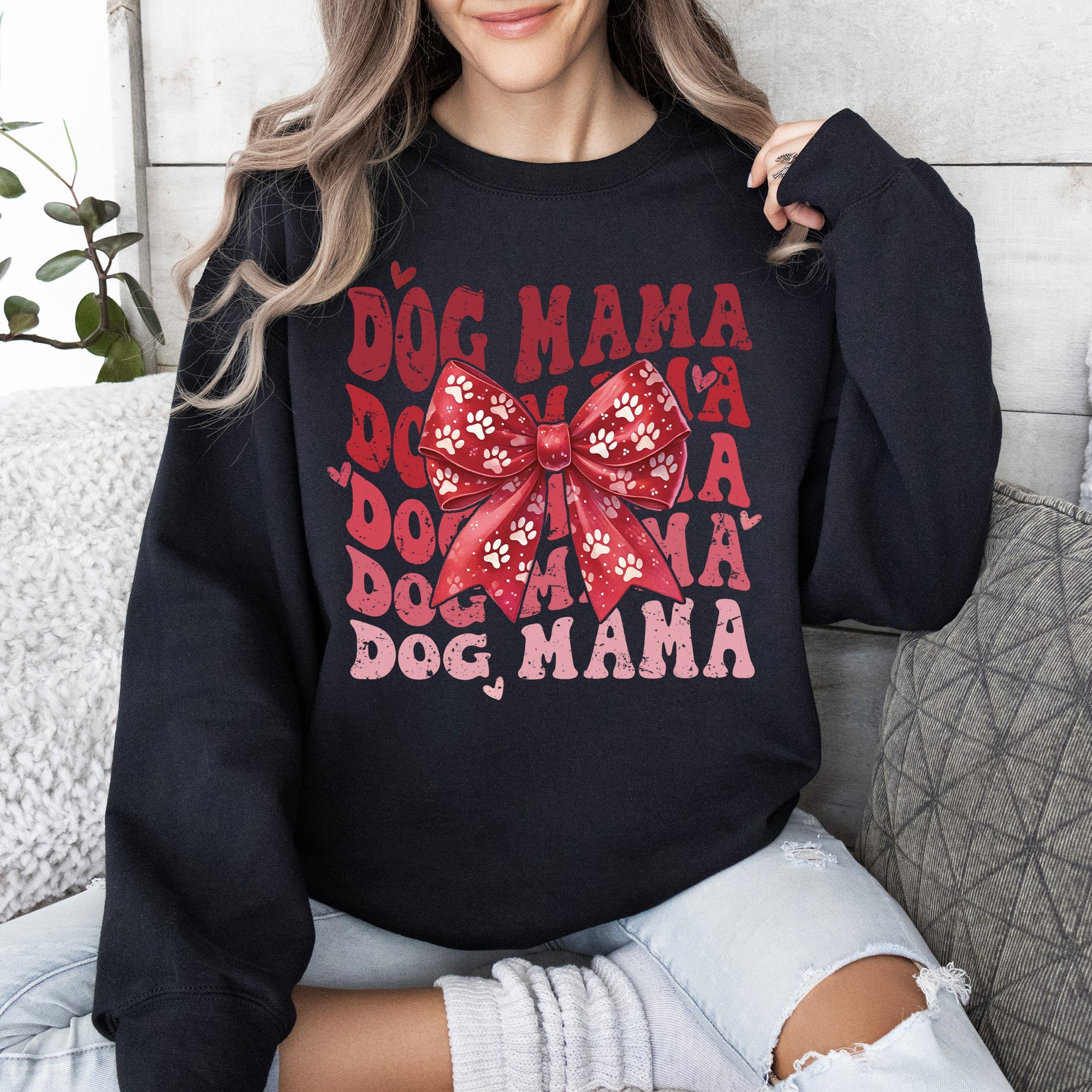 Dog Mama Ribbon Valentines Day Love Hearts Cozy Fleece Knit Warm Casual Everyday Wear Sweatshirt