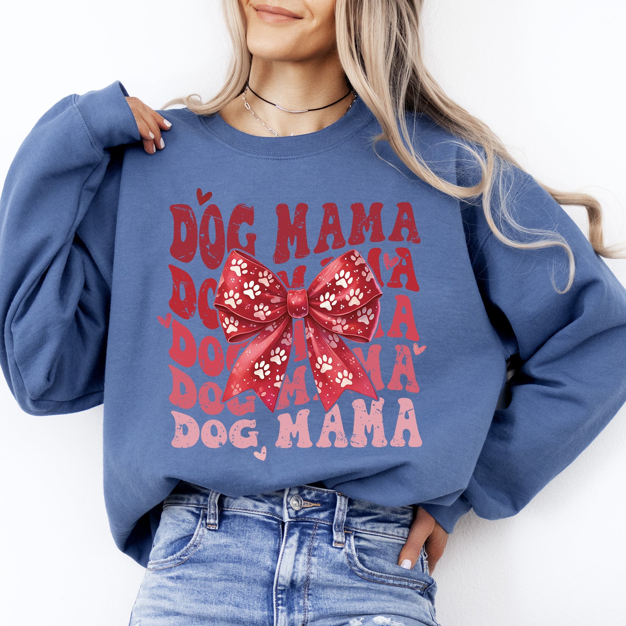 Dog Mama Ribbon Valentines Day Love Hearts Cozy Fleece Knit Warm Casual Everyday Wear Sweatshirt