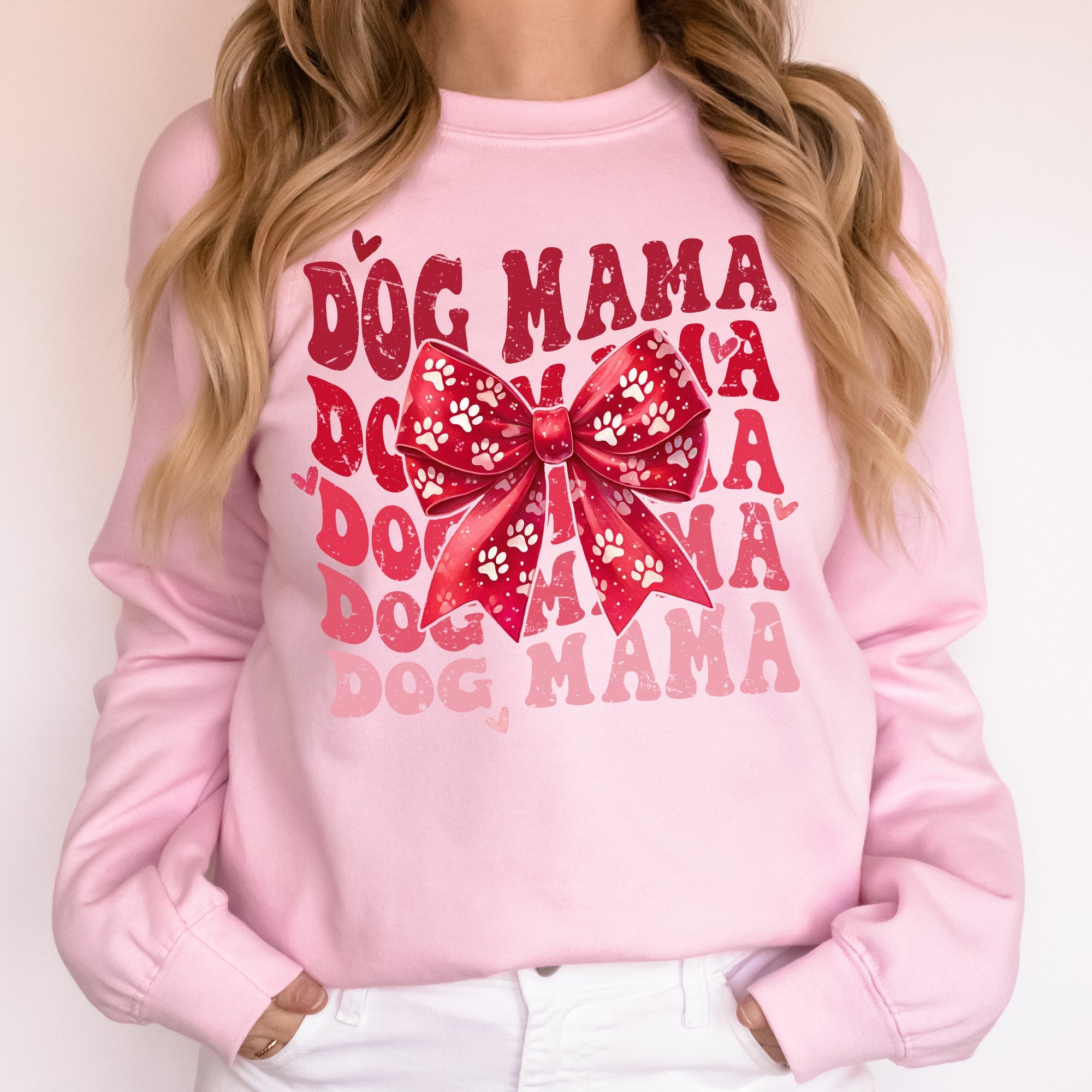 Dog Mama Ribbon Valentines Day Love Hearts Cozy Fleece Knit Warm Casual Everyday Wear Sweatshirt