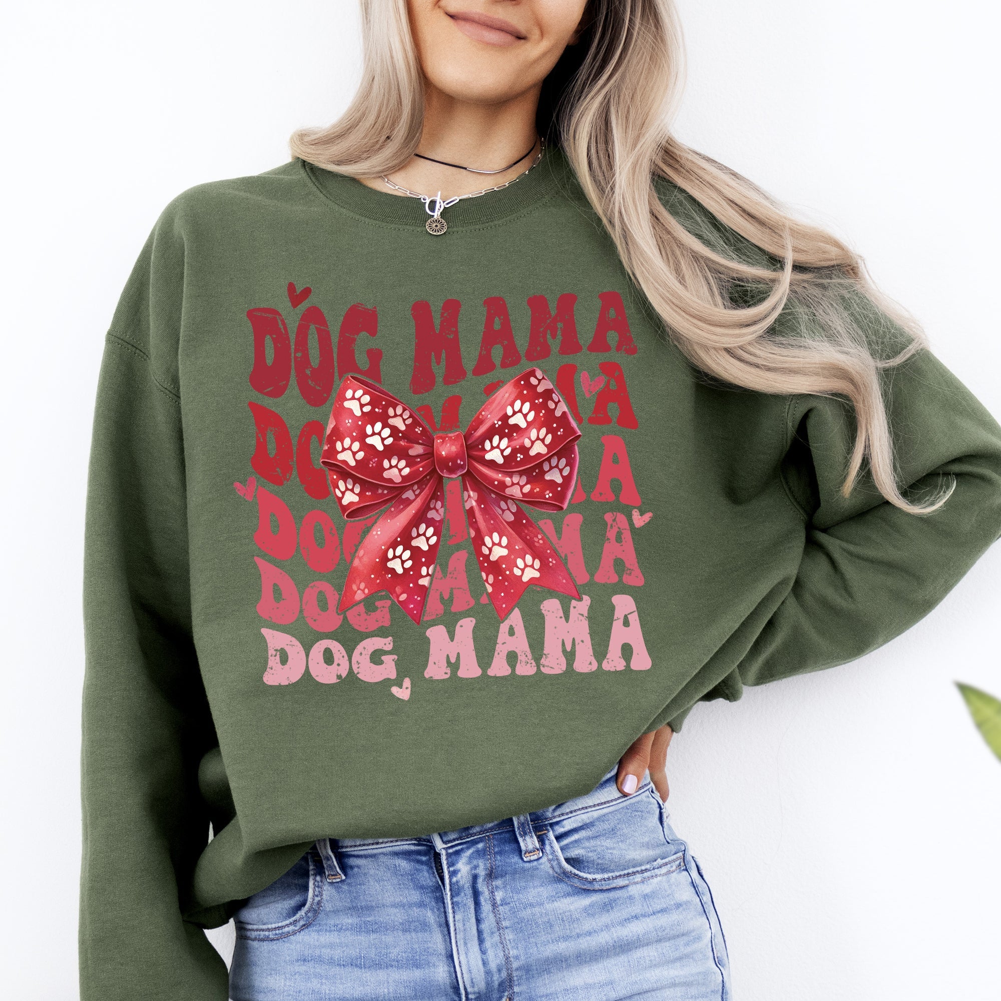 Dog Mama Ribbon Valentines Day Love Hearts Cozy Fleece Knit Warm Casual Everyday Wear Sweatshirt