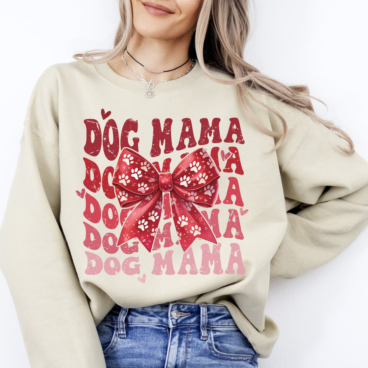Dog Mama Ribbon Valentines Day Love Hearts Cozy Fleece Knit Warm Casual Everyday Wear Sweatshirt
