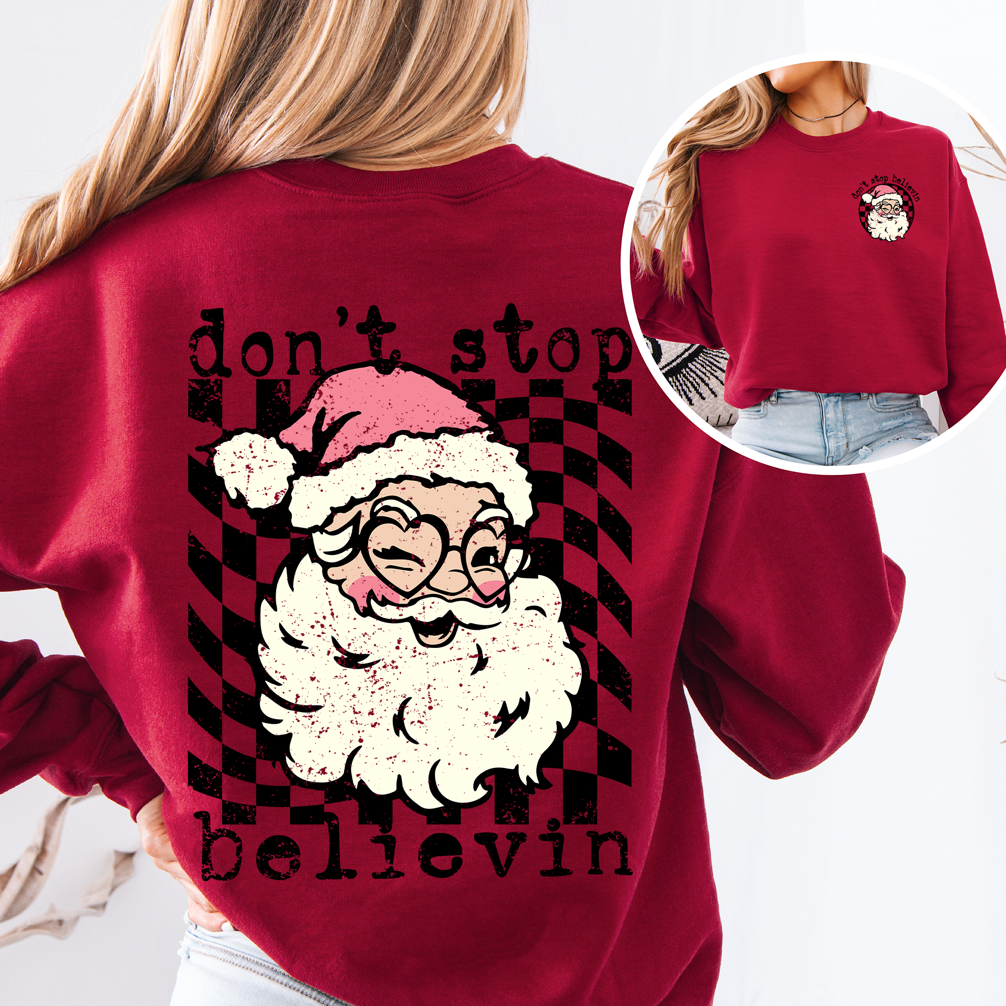 Don't Stop Believin Santa Christmas Checkered Vintage Front And Back Print Sweatshirt