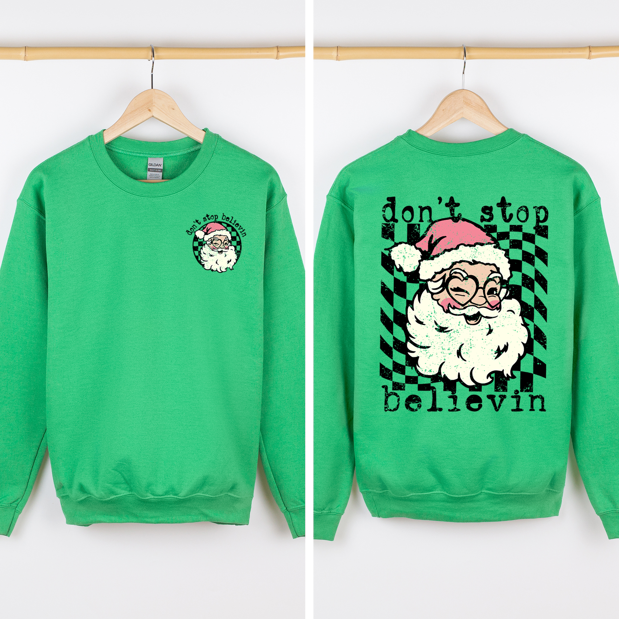 Don't Stop Believin Santa Christmas Checkered Vintage Front And Back Print Sweatshirt