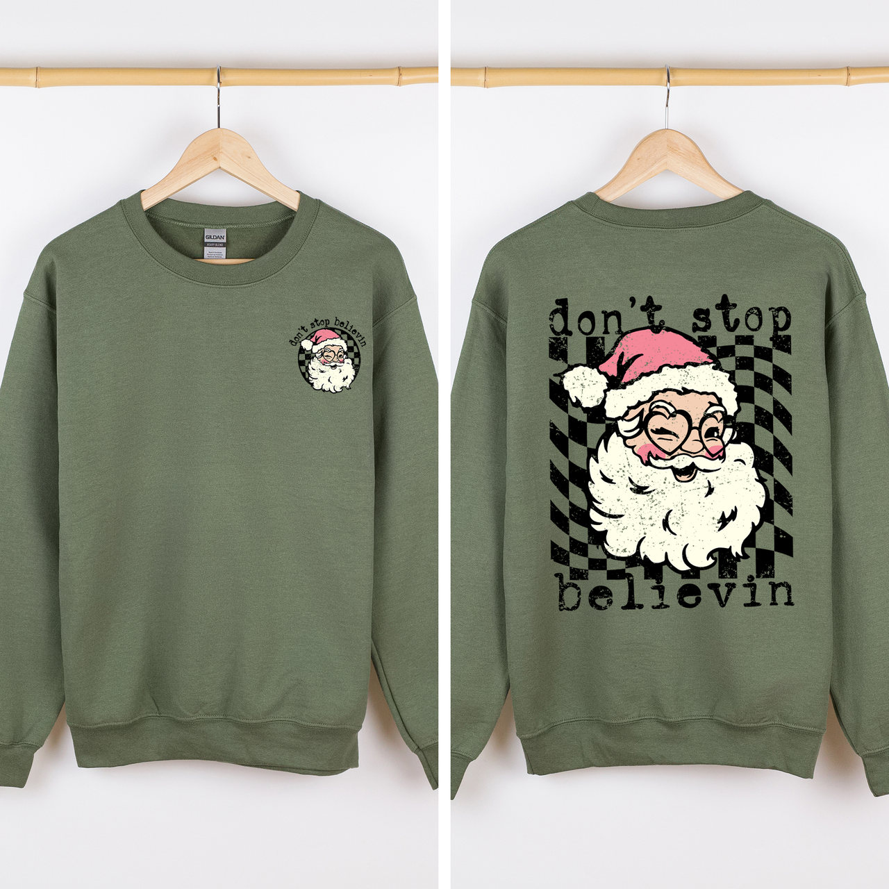 Don't Stop Believin Santa Christmas Checkered Vintage Front And Back Print Sweatshirt