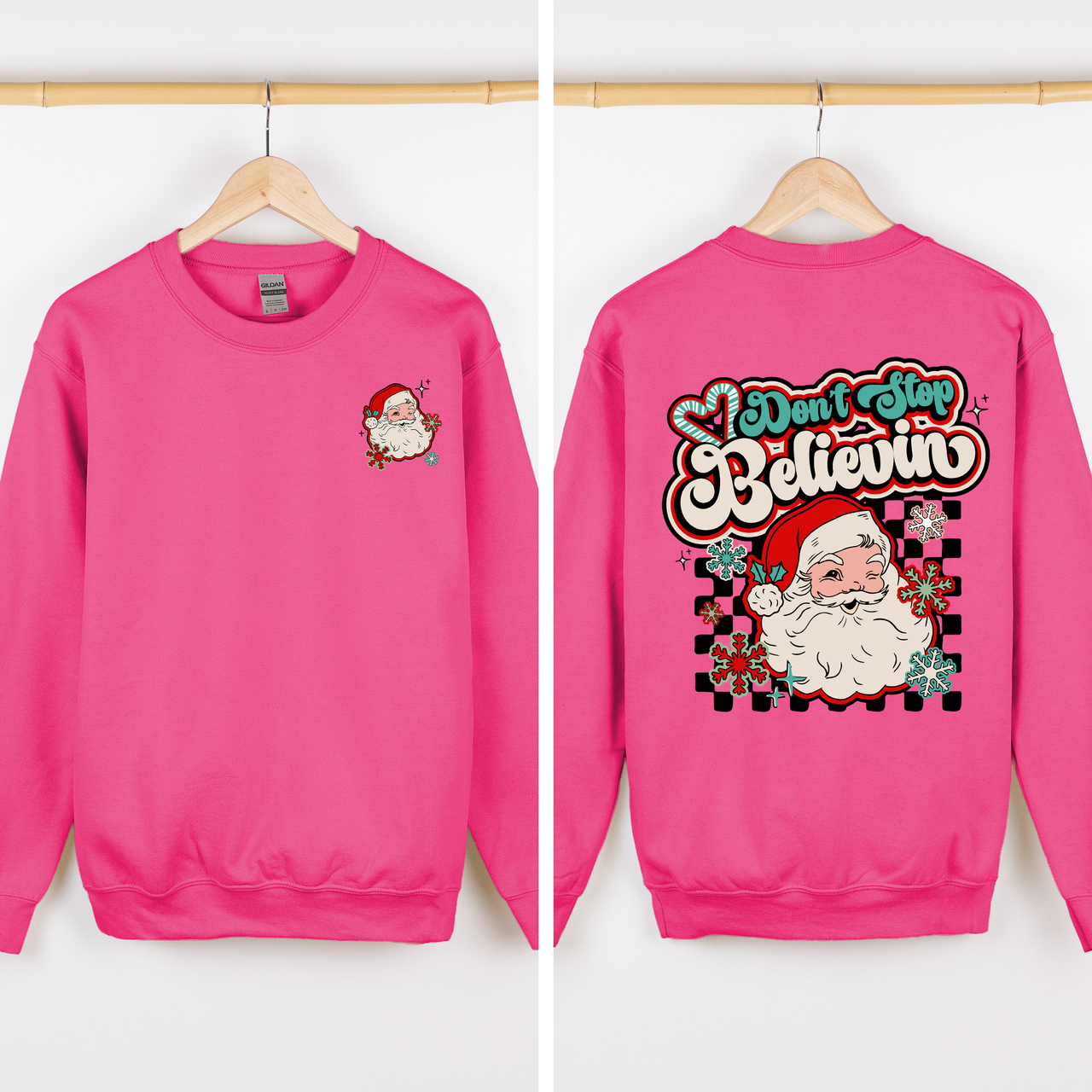 Don't Stop Believin' Santa Christmas Checkered Vintage Inspired Retro Sweatshirt