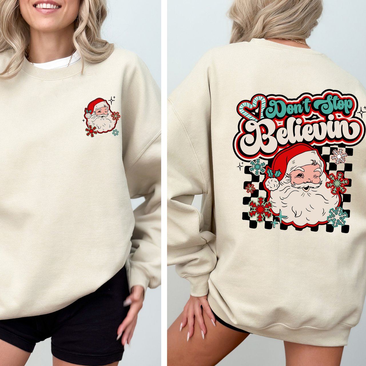 Don't Stop Believin' Santa Christmas Checkered Vintage Inspired Retro Sweatshirt