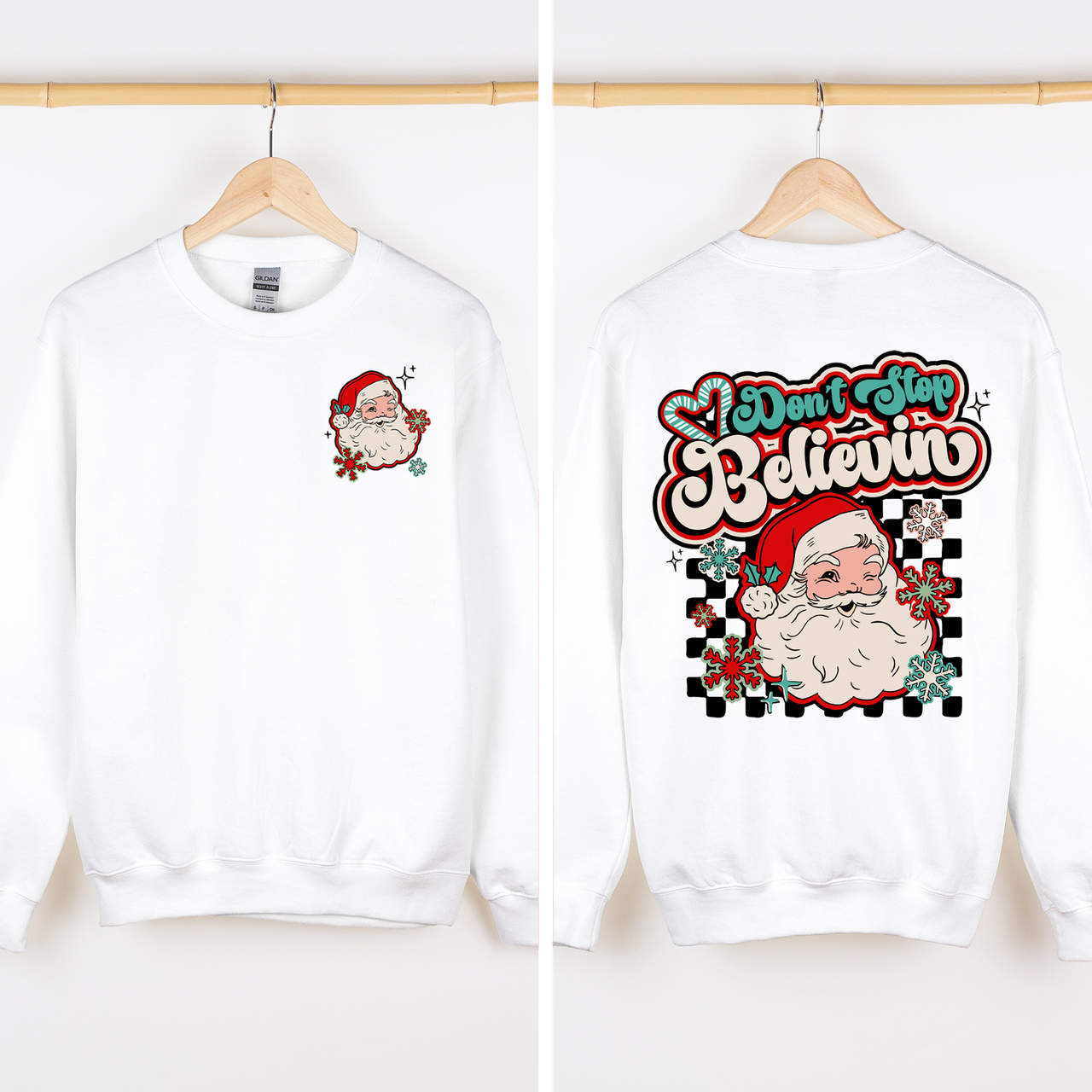 Don't Stop Believin' Santa Christmas Checkered Vintage Inspired Retro Sweatshirt