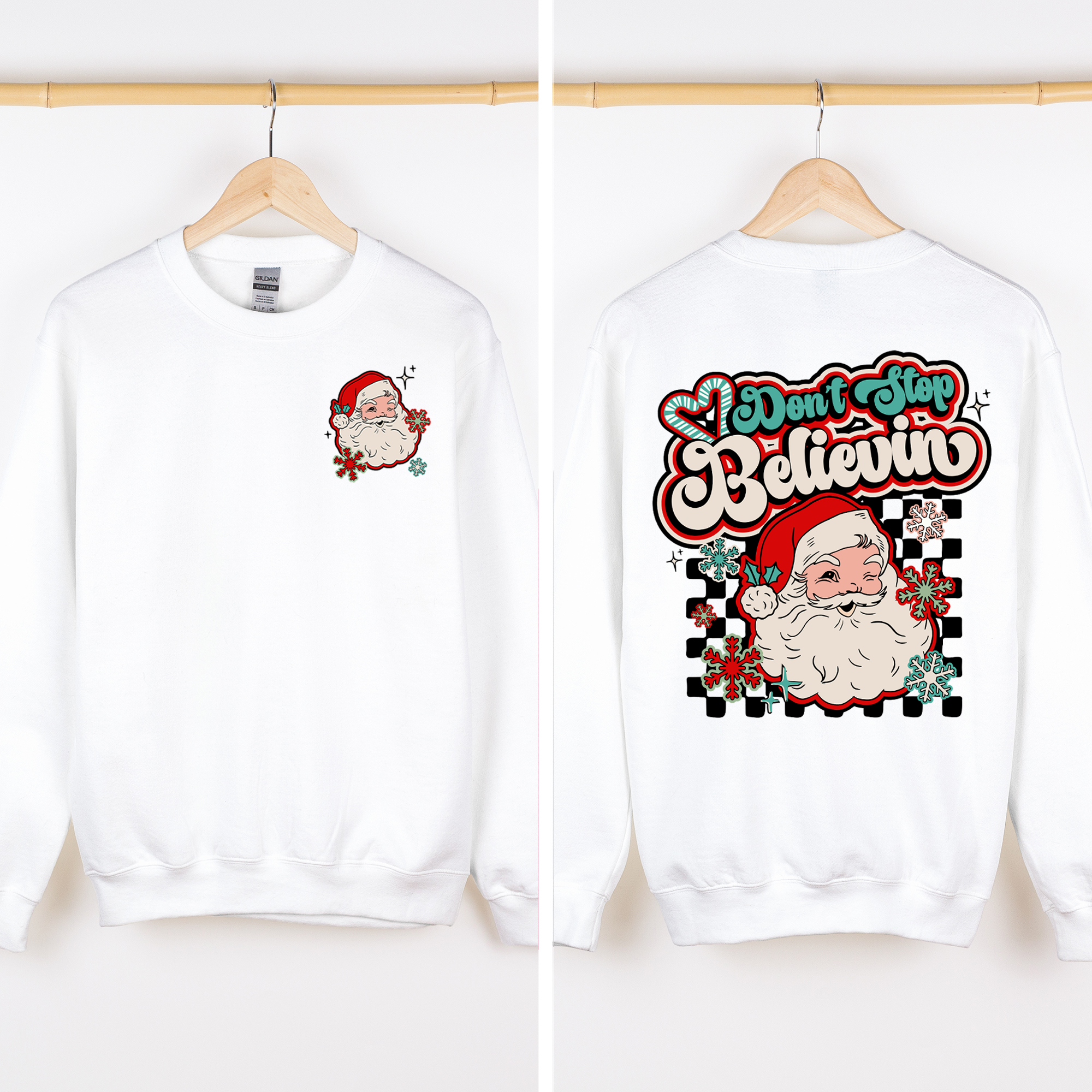 Don't Stop Believin' Santa Christmas Checkered Vintage Inspired Retro Sweatshirt
