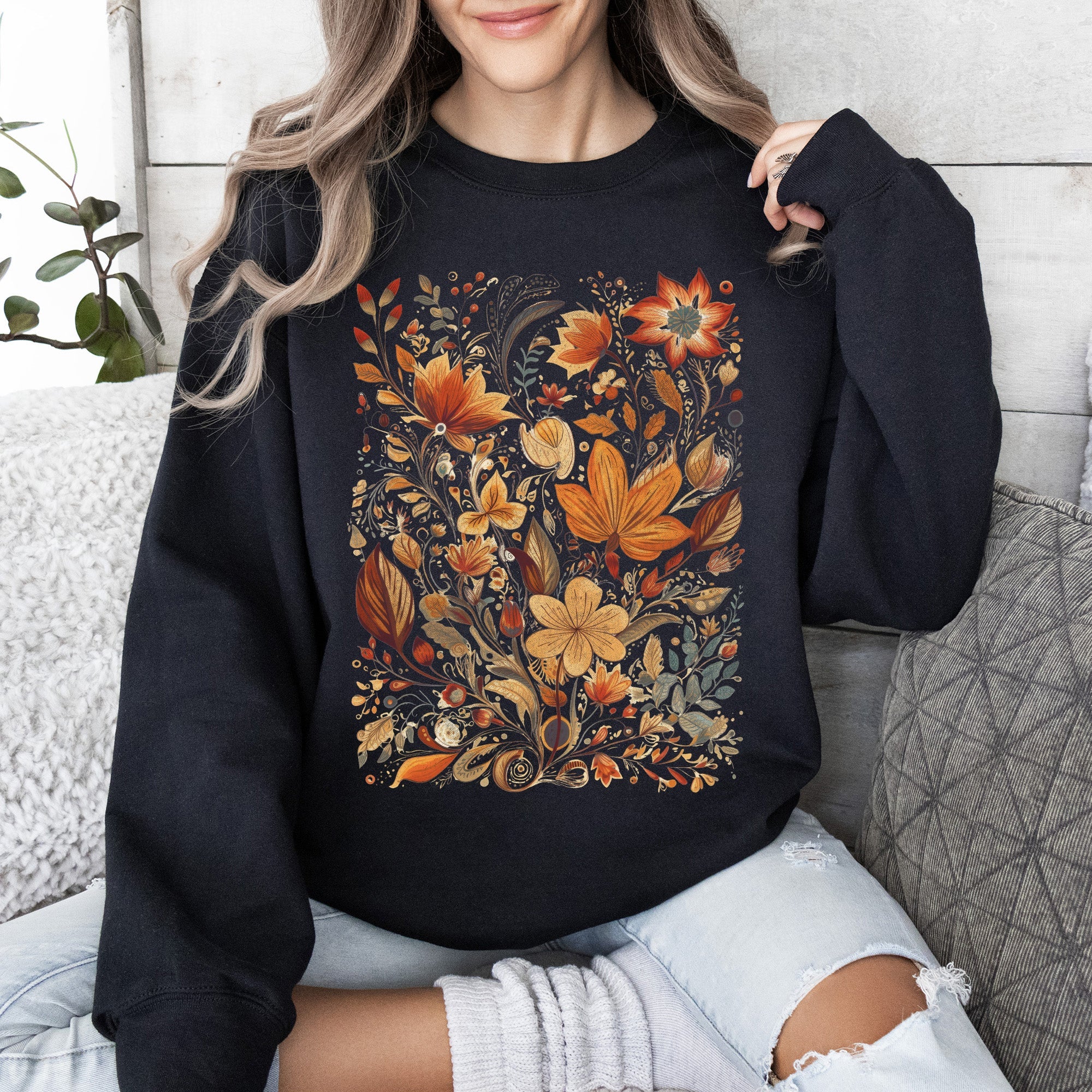Dried Pressed Leaves And Floral Design With Nature Themed Botanical Motifs For Outdoors Lovers Sweatshirt